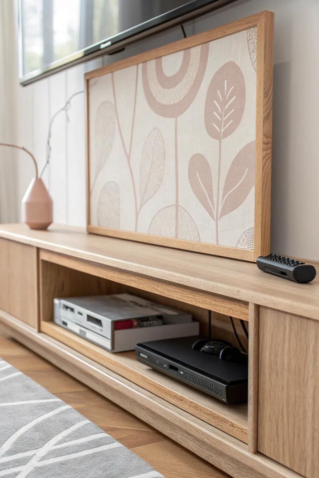 A sliding art panel conceals your console shelf—serene Scandi style with instant gaming access.
