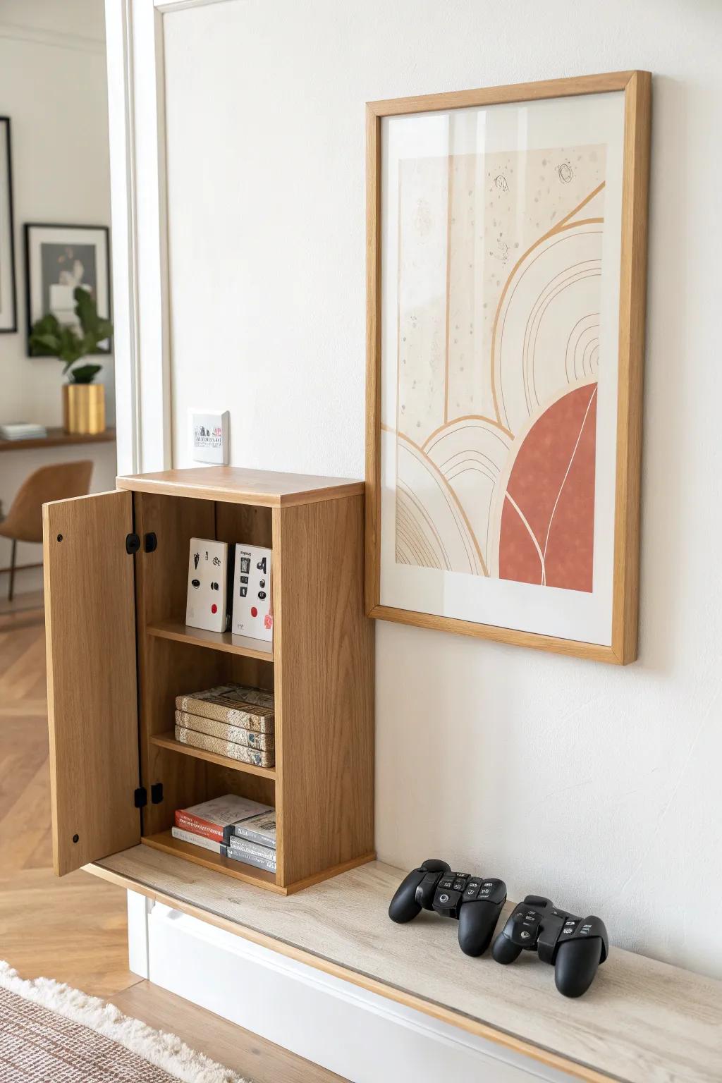 A framed artwork that swings open—secret storage for games, remotes, and controllers.