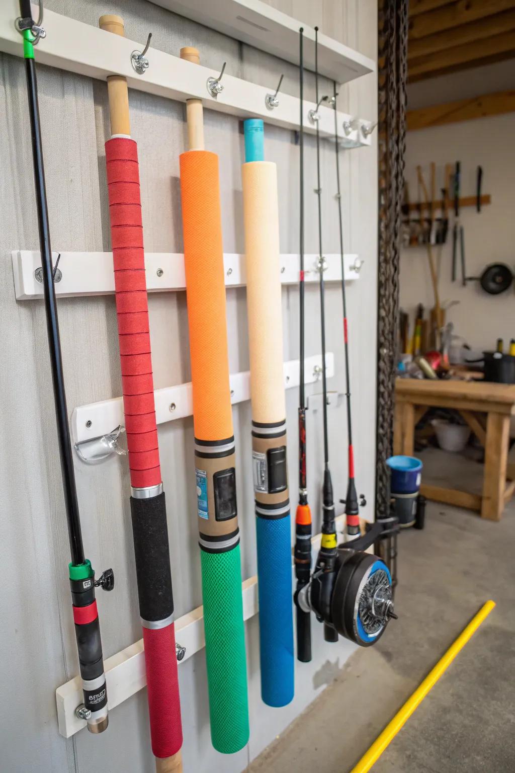 Revolutionize your garage with this playful yet practical fishing rod holder, crafted for the DIY enthusiast.