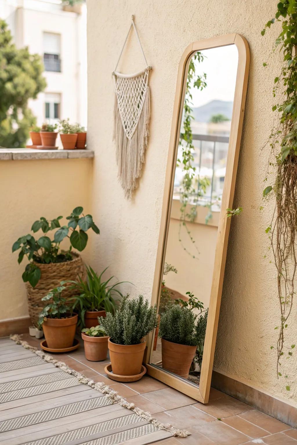 A weather-safe garden mirror doubles the light and makes a tiny garden corner feel bigger.