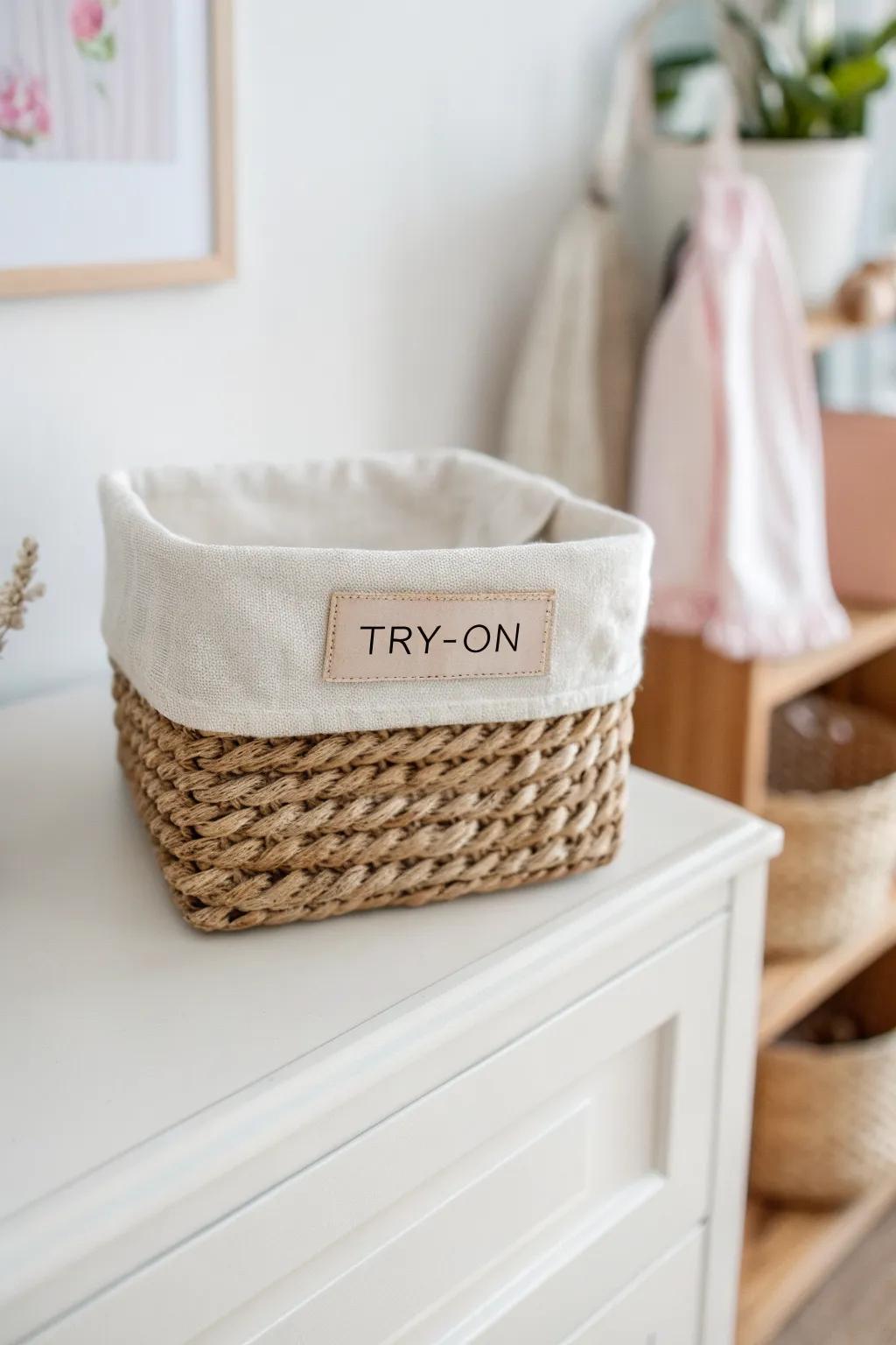 A chic try-on bin keeps 'not clean, not dirty' outfits off the chair—instantly neater closet.
