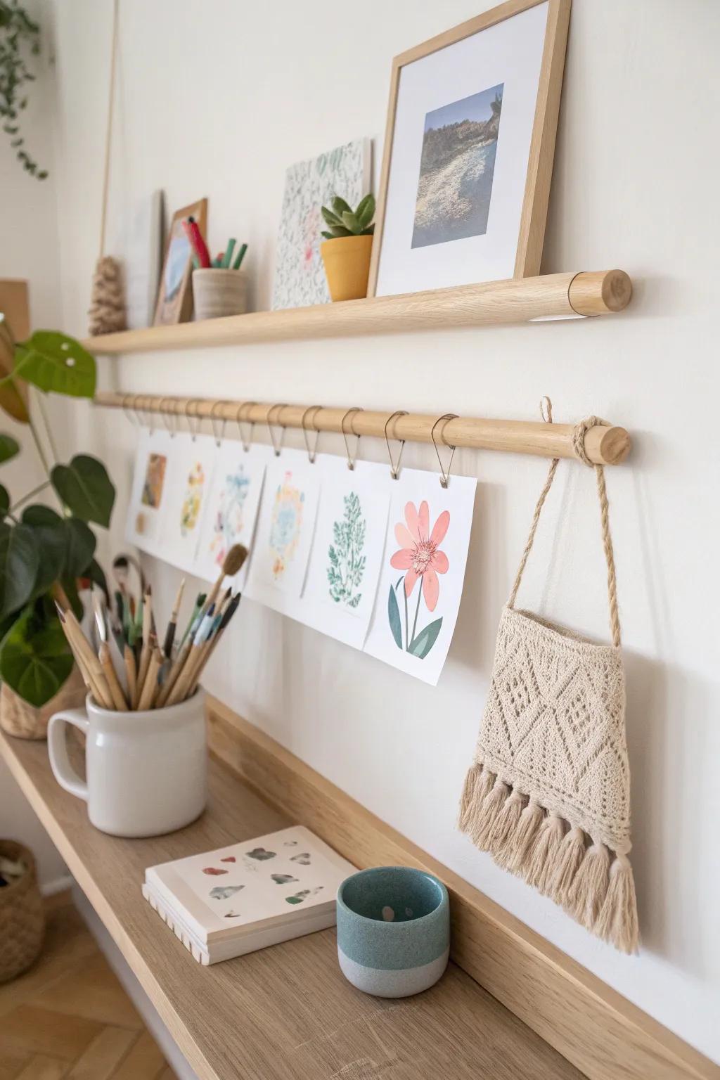 A calm “Sister Studio” art wall: clip rails + tiny supply shelf for shared creativity.