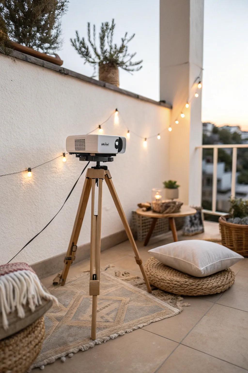 Turn a blank patio wall into a mini movie night—simple setup, cozy vibes, big wow.