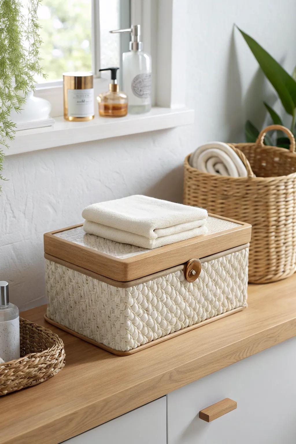 A decorative lidded box keeps hair product backups hidden—spa vibe, zero clutter.