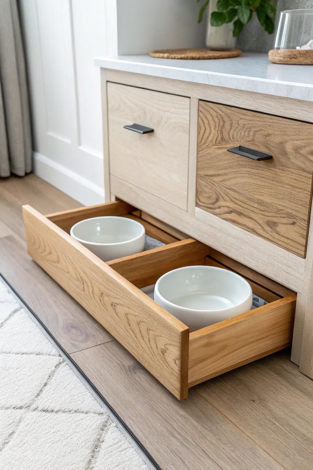 A sleek pull‑out pet bowl drawer keeps the half‑wall transition tidy and clutter‑free.