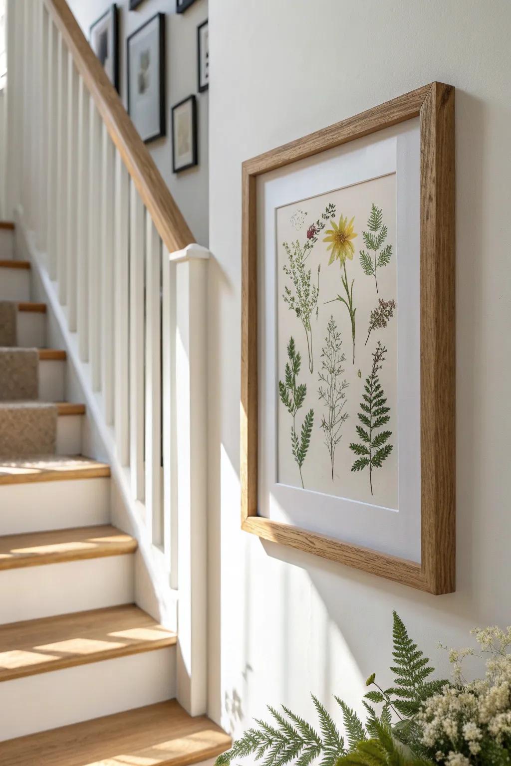 Pressed wildflowers in a simple oak frame bring quiet, airy charm to halls and stairways.