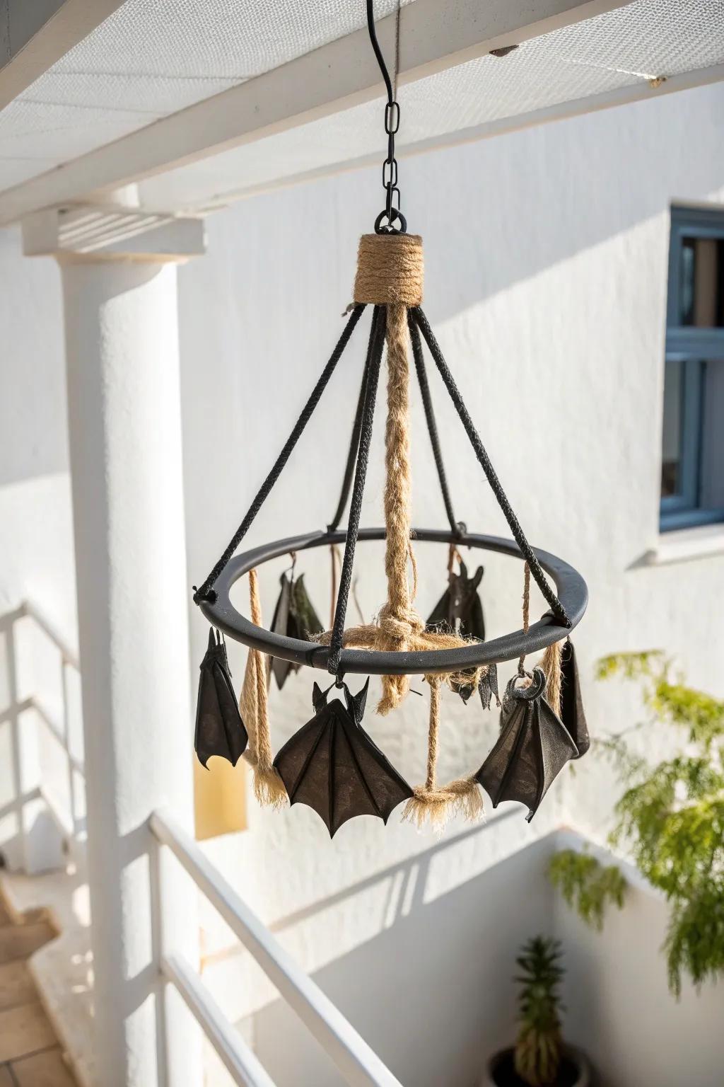 DIY upside-down bat chandelier—minimal, moody, and perfect for layering a tiny balcony.