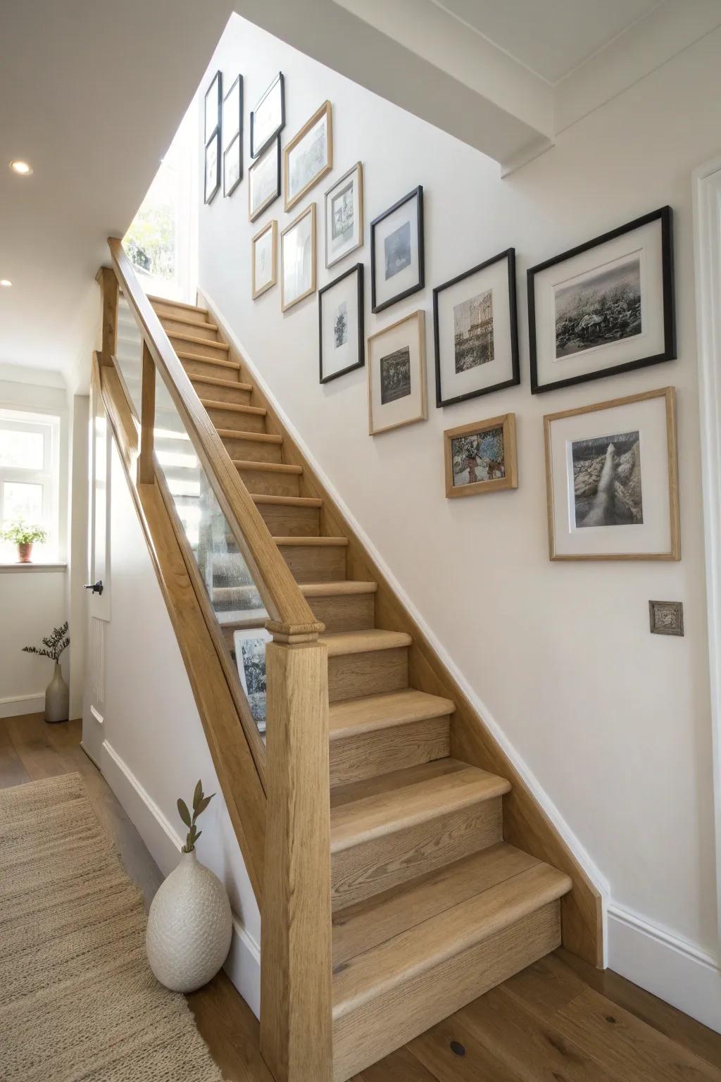 A stepped picture ledge transforms stair walls into a swap‑friendly gallery—no nail chaos.