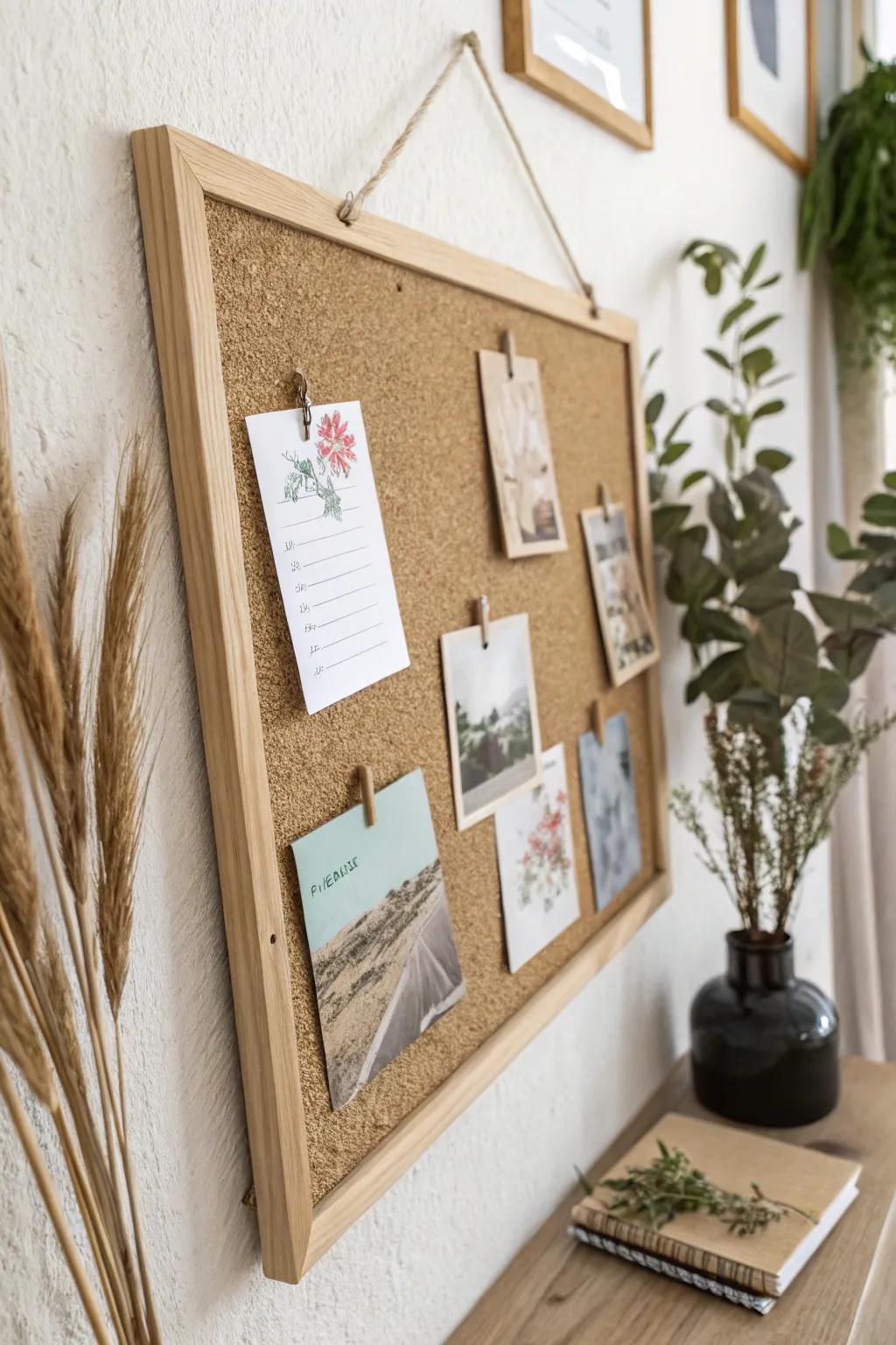 Seasonal hallway refresh: swap postcards and dried stems on a clean, minimal bulletin board.