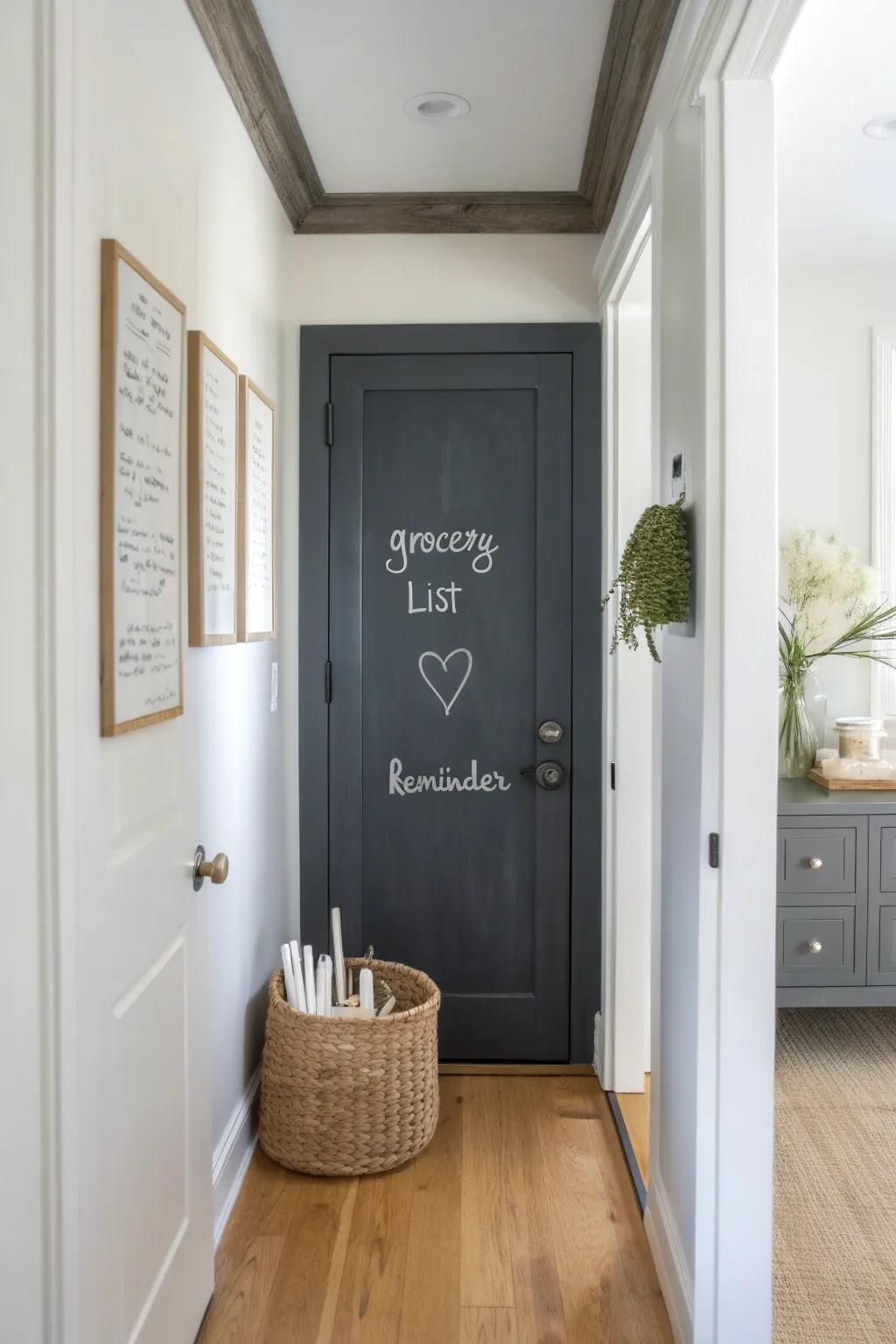 A chalkboard-painted closet door turns your hallway into a chic, practical note hub.