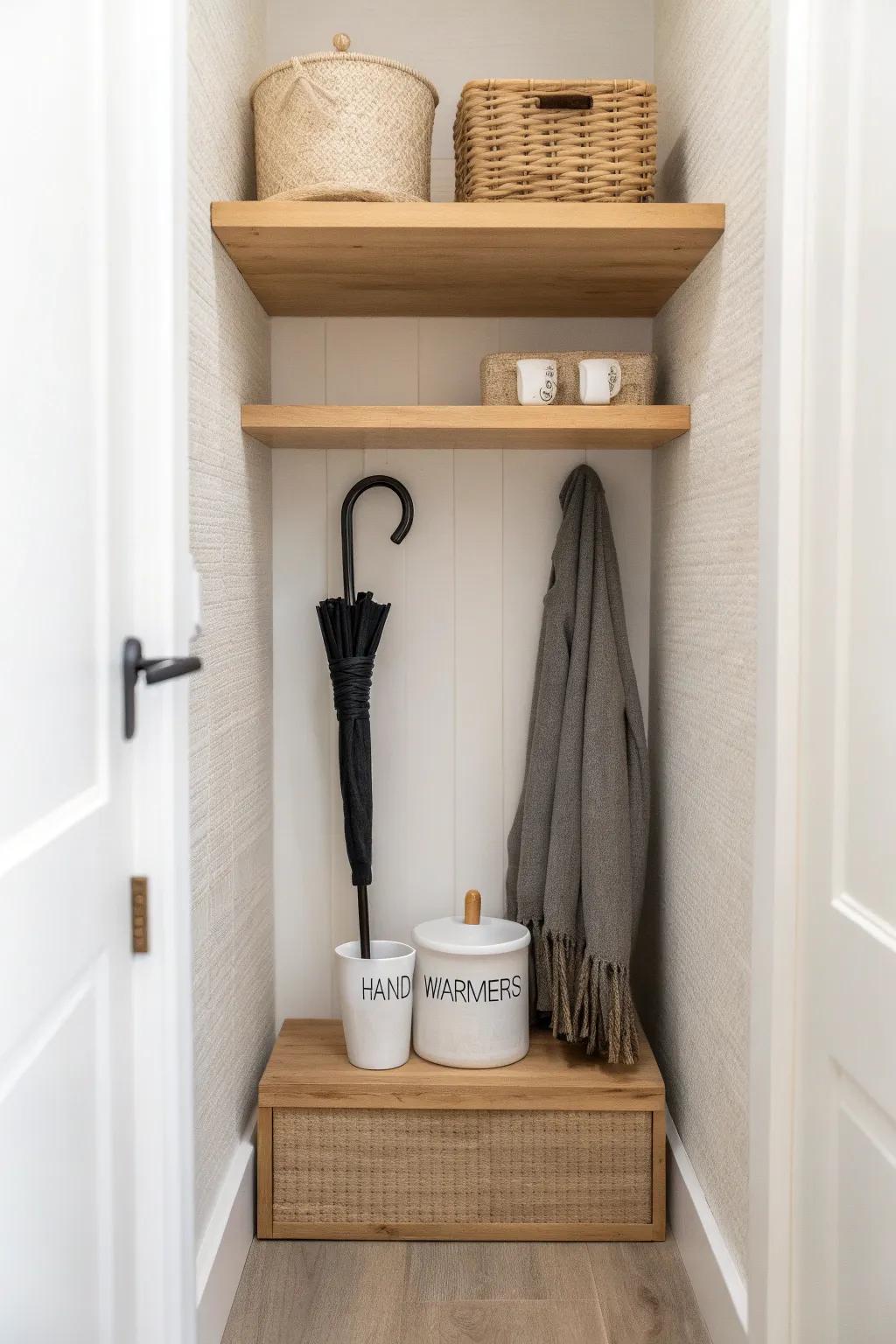 A chic “weather station” shelf keeps umbrellas, ponchos, and hand warmers ready to grab.