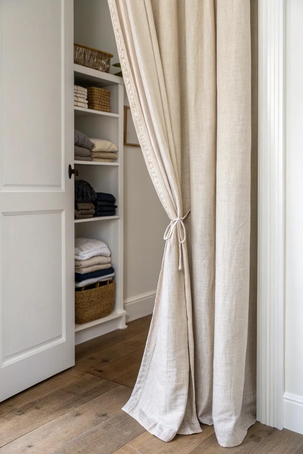Swap doors for a linen curtain—soft, warm and renter-friendly for a hidden hallway laundry nook.