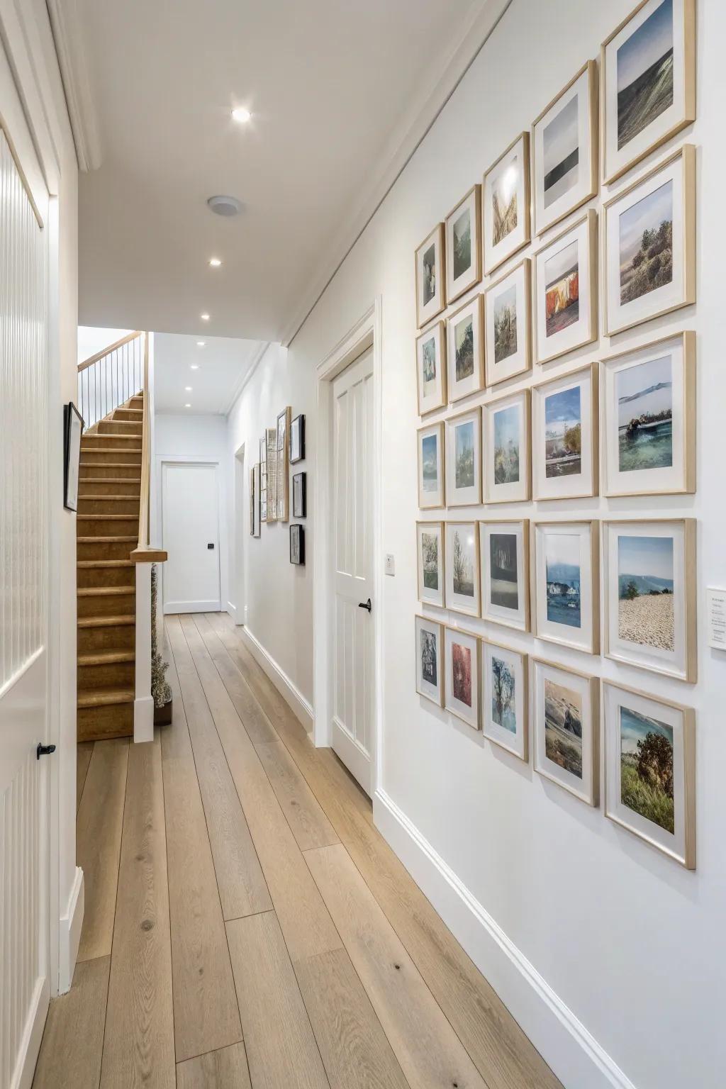 Create a designer look in a tiny hallway with a light-to-dark gradient photo wall.