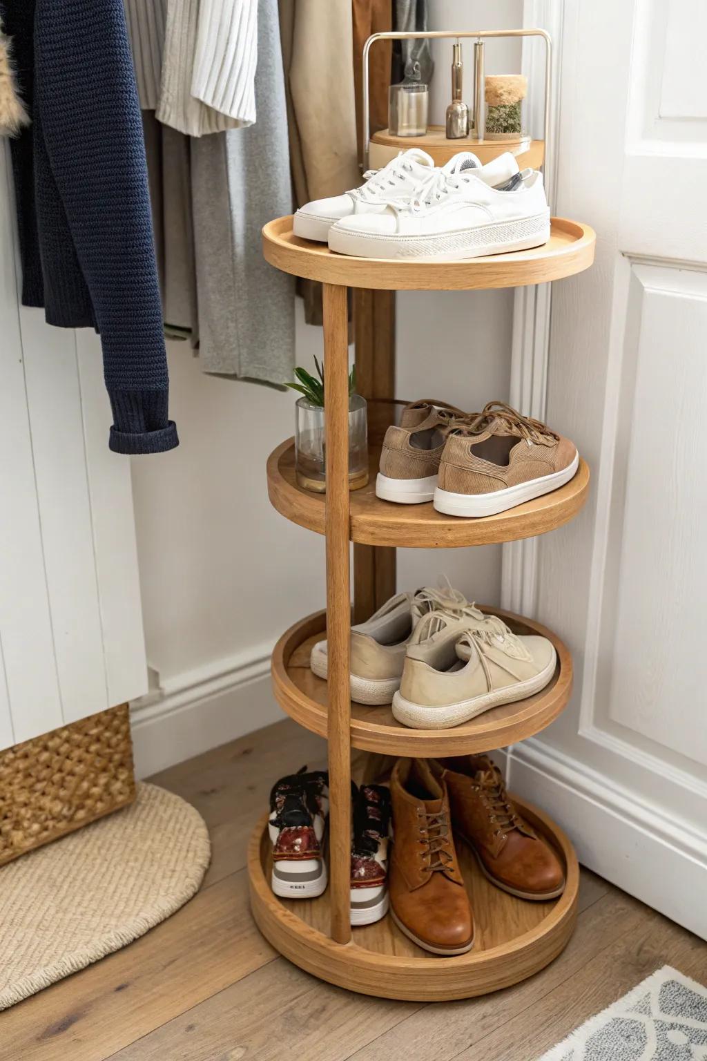Spin-to-find shoe storage: a rotating oak carousel that fits perfectly in tight hallway corners.
