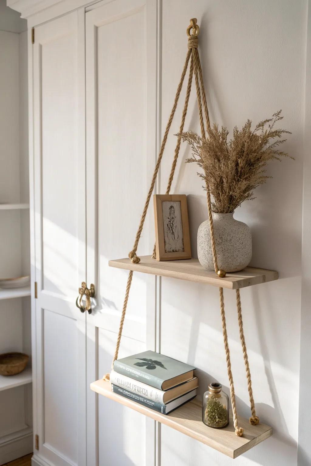 A closet-side hanging bookshelf creates a tiny, tidy book nook without stealing closet space.