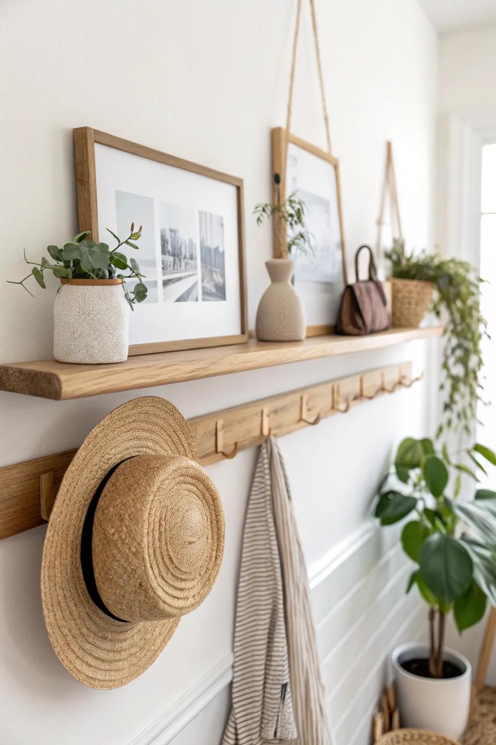 Slim picture ledge + hidden hooks: a layered, stylish hat wall with space for a tiny print.