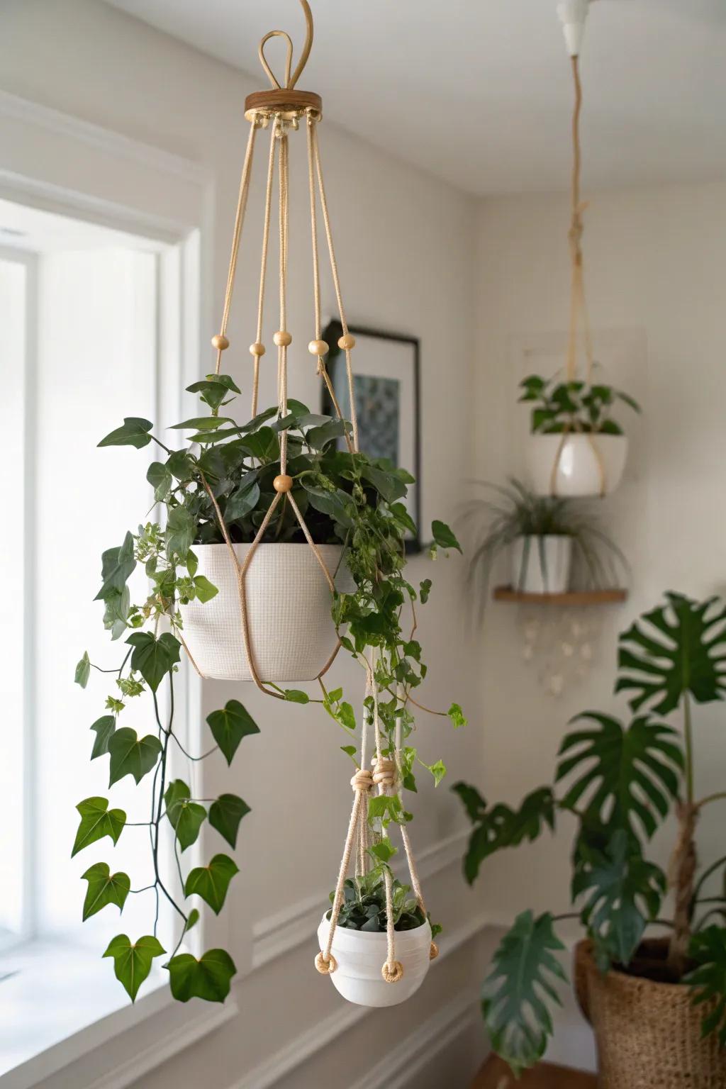 DIY plant mobile: sculptural hanging planters that sway softly and calm your small space.