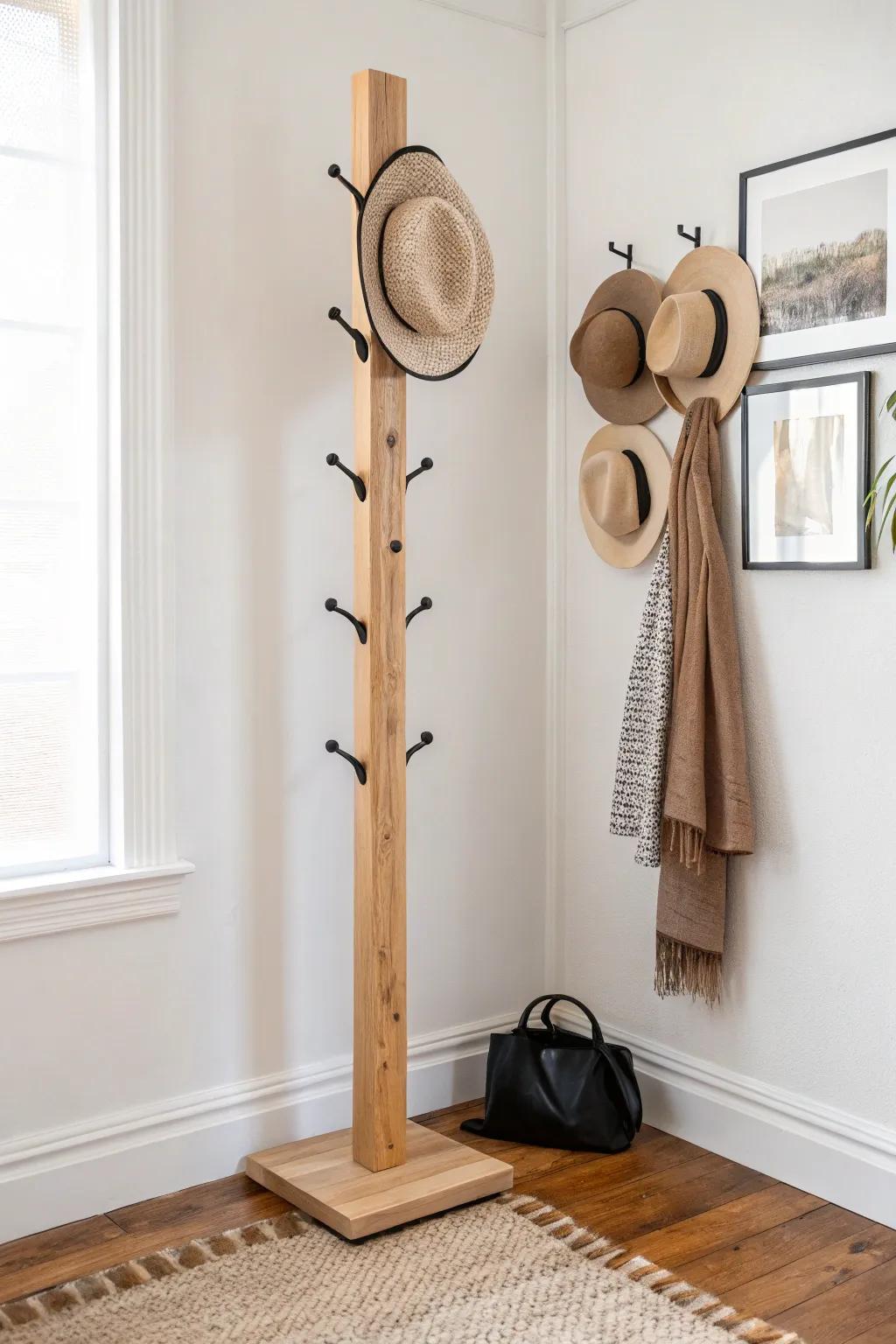 Make wasted corners work: a vertical hook column lets hats climb upward in tiny spaces.