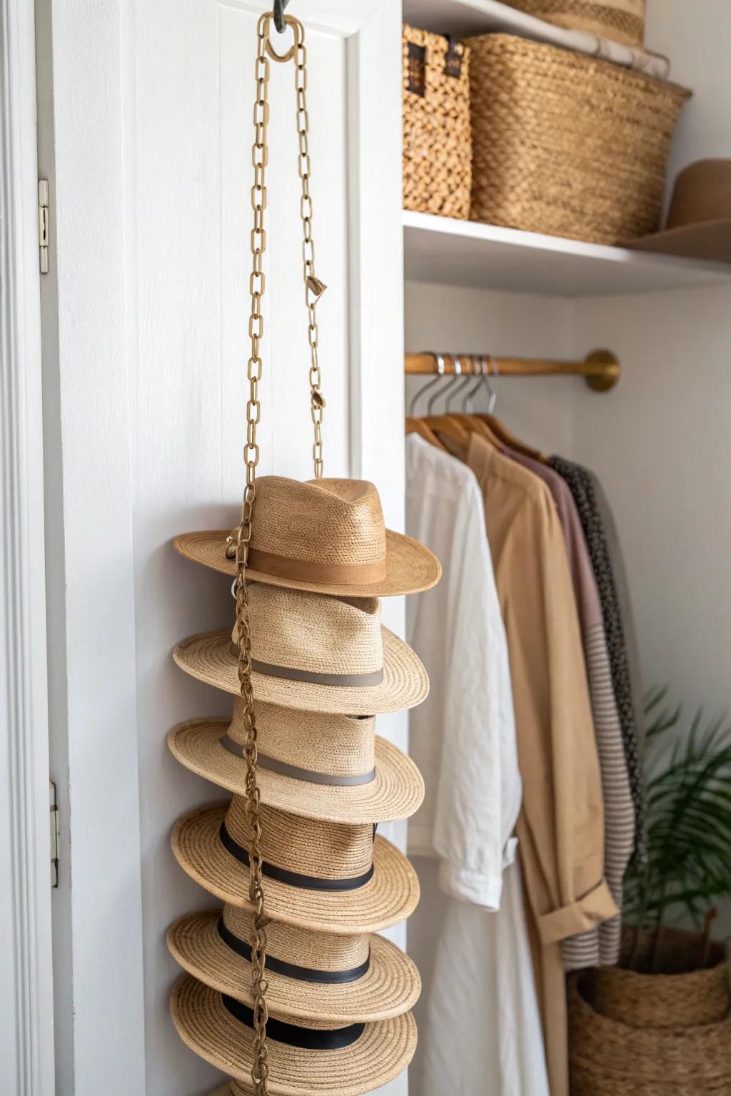A clip chain keeps hats vertical, visible, and perfectly uncrushed in the tiniest closet.