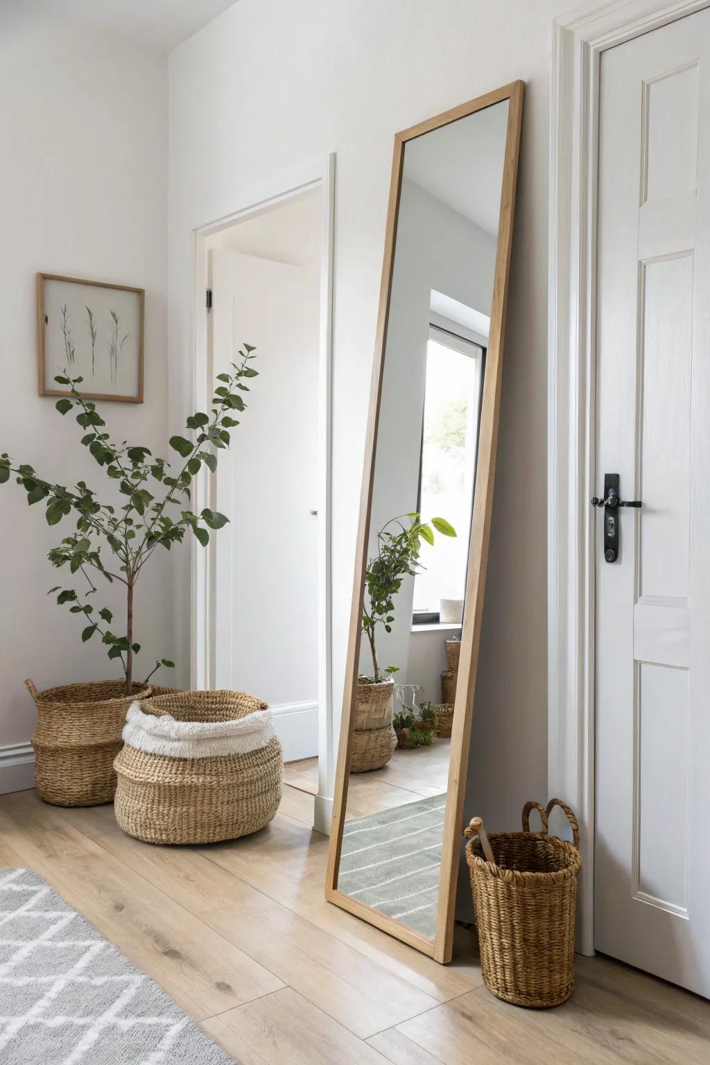 Mirror-front panel hides utilities and doubles the light—small basement nook instantly feels bigger.