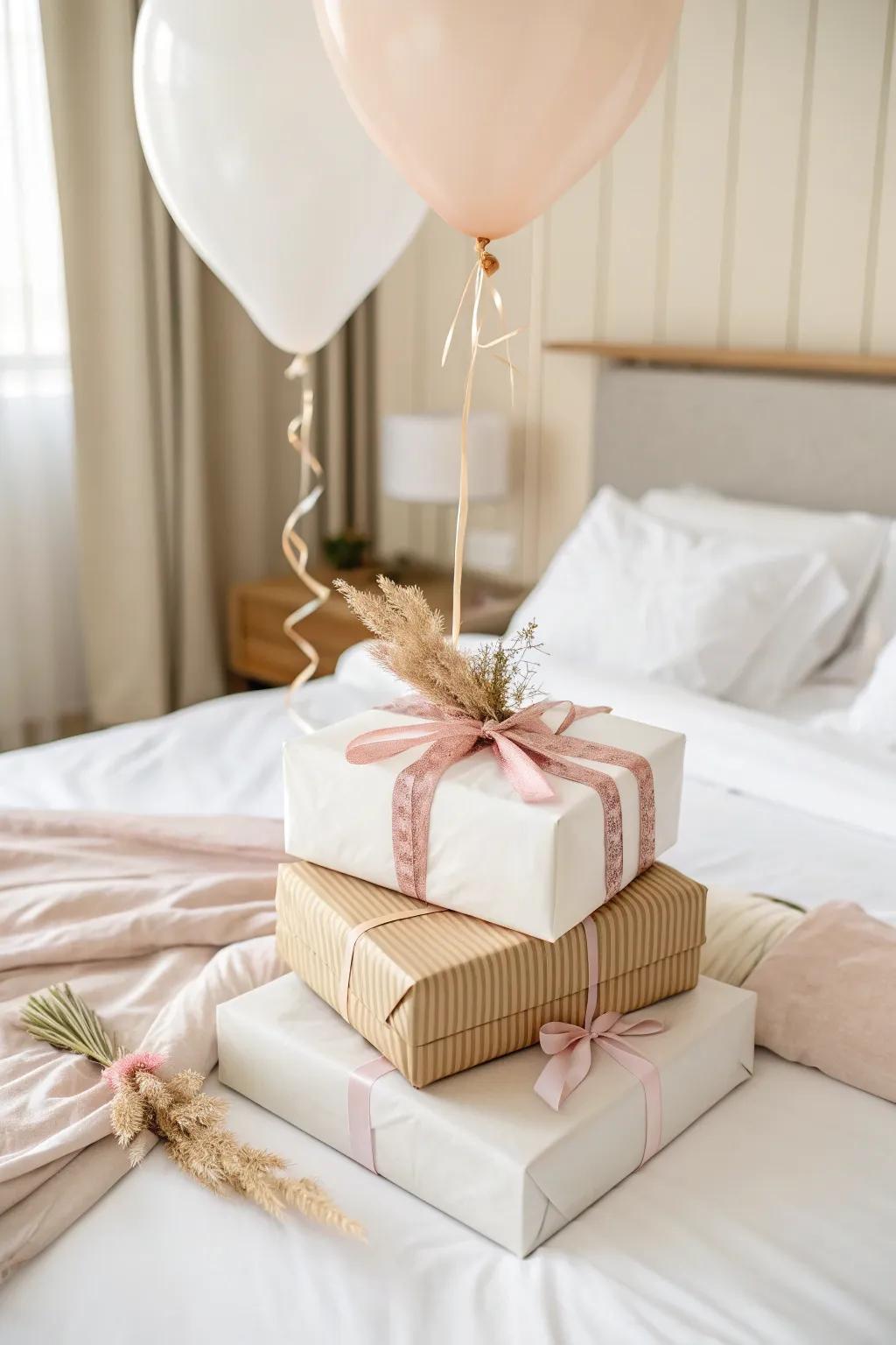 A floating balloon-topped gift stack at the bed foot—birthday decor that doubles as storage.