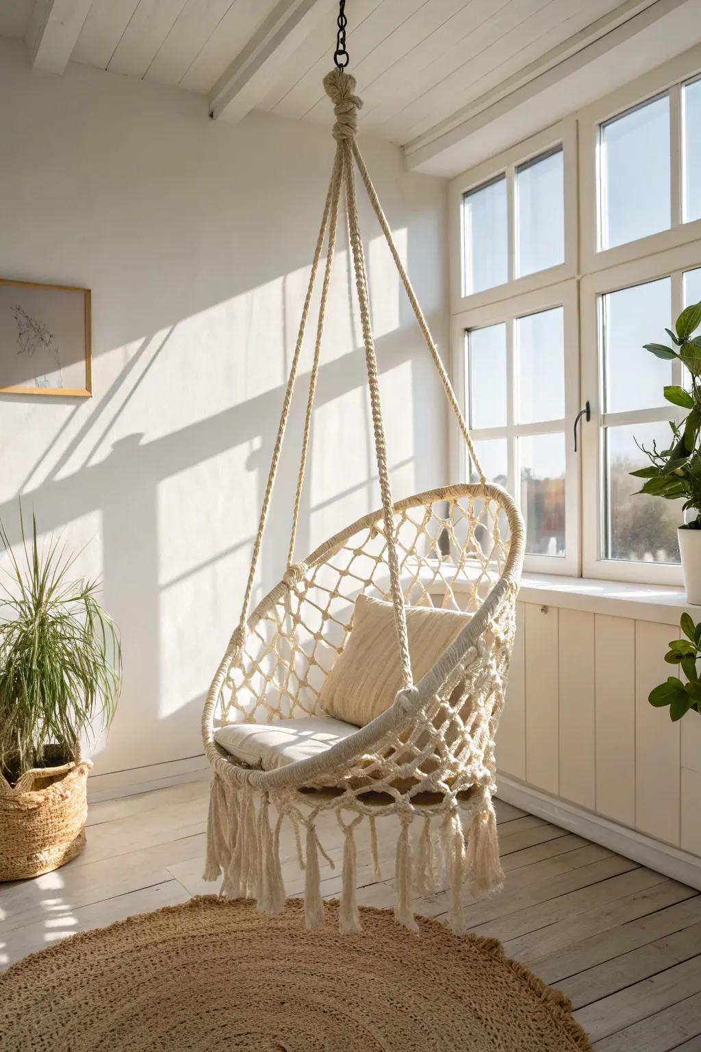 A handcrafted hanging chair adds instant drama—airy, cozy, and perfect for small sunrooms.