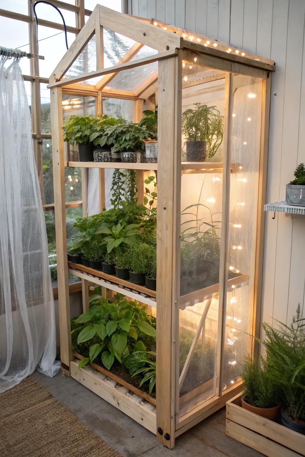 A room-divider greenhouse with clear curtains—privacy, glow, and a mini indoor conservatory.
