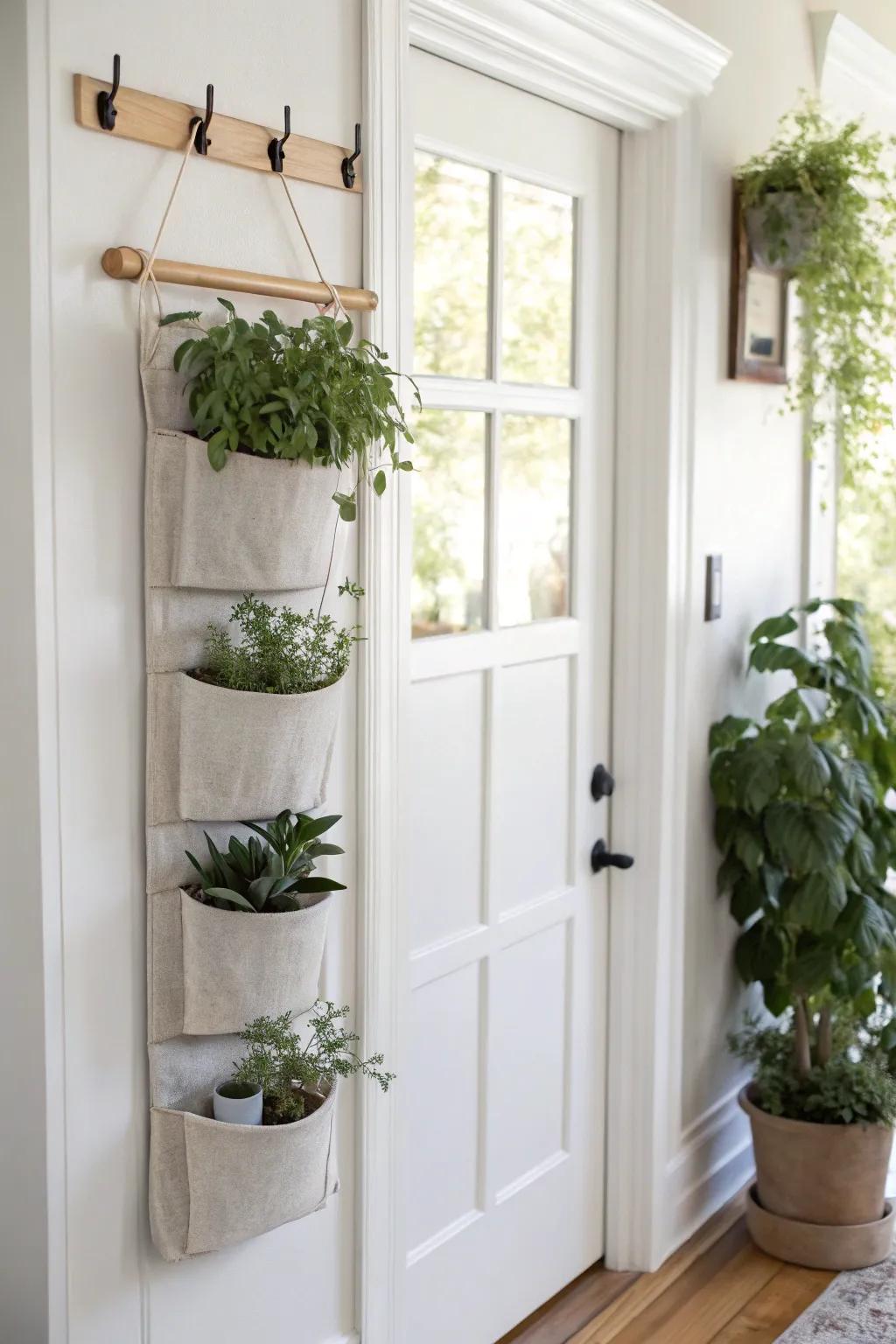 No-drill over-the-door planter strip: slim pockets + compact greenery for instant vertical charm.
