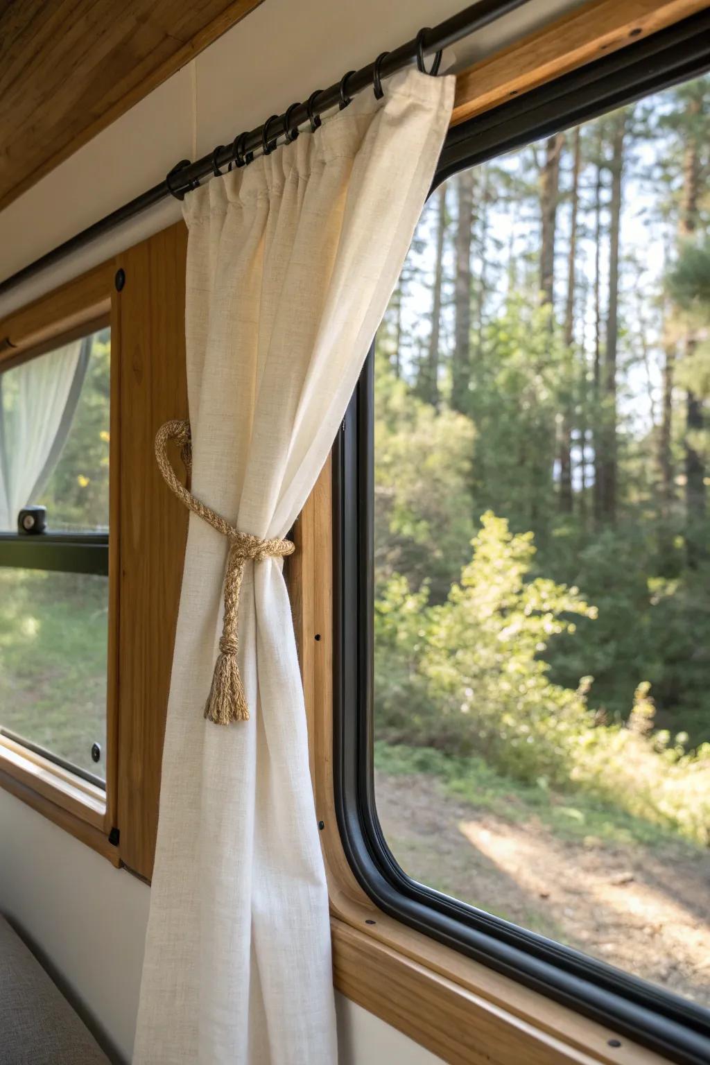Frame your camper window like art—clean trim, airy linen, and the forest as your view.