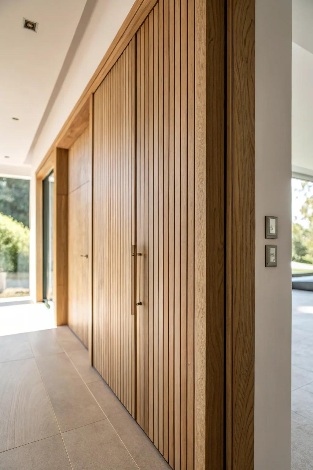 A seamless wood slat wall that hides a slim storage door—minimal, warm, and so clever.
