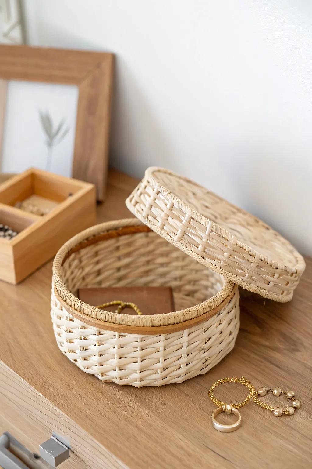A woven jewelry basket with a hidden false bottom—an elegant surprise compartment for gifting.