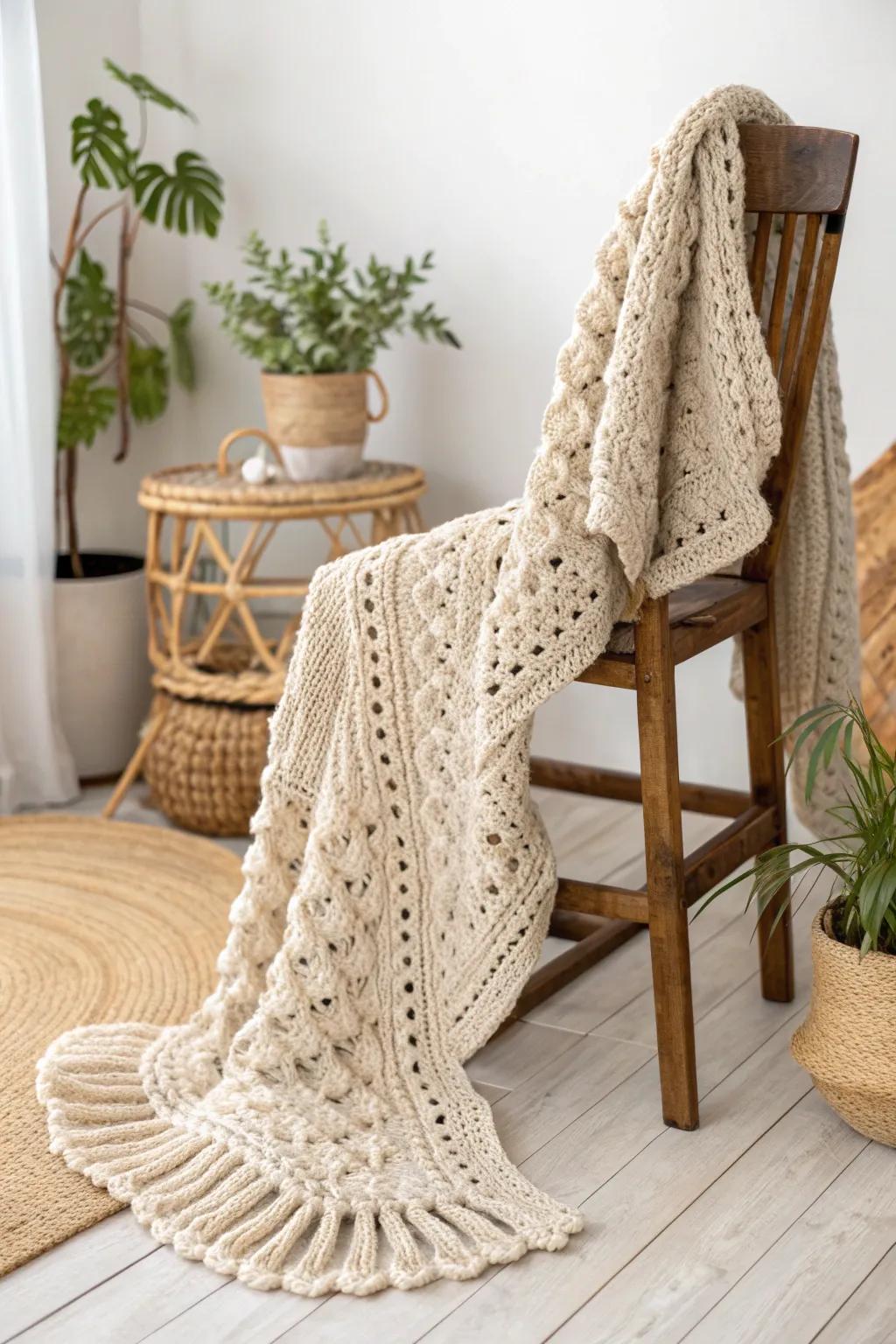 Wrap yourself in the cozy elegance of a handmade crochet cape, perfect for those chilly evenings.