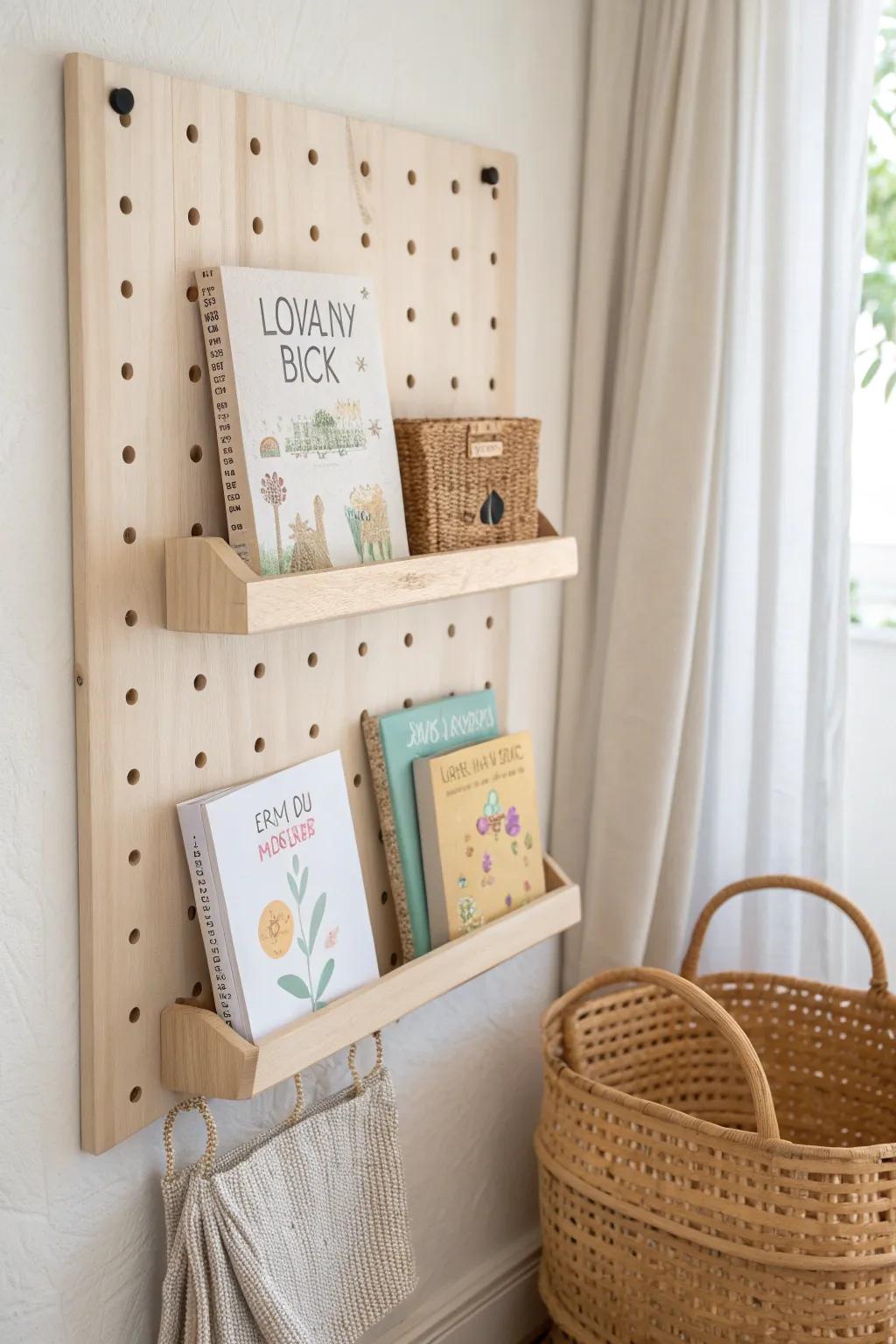 A chic birch pegboard book wall that adapts as their library grows—minimal and sweet.