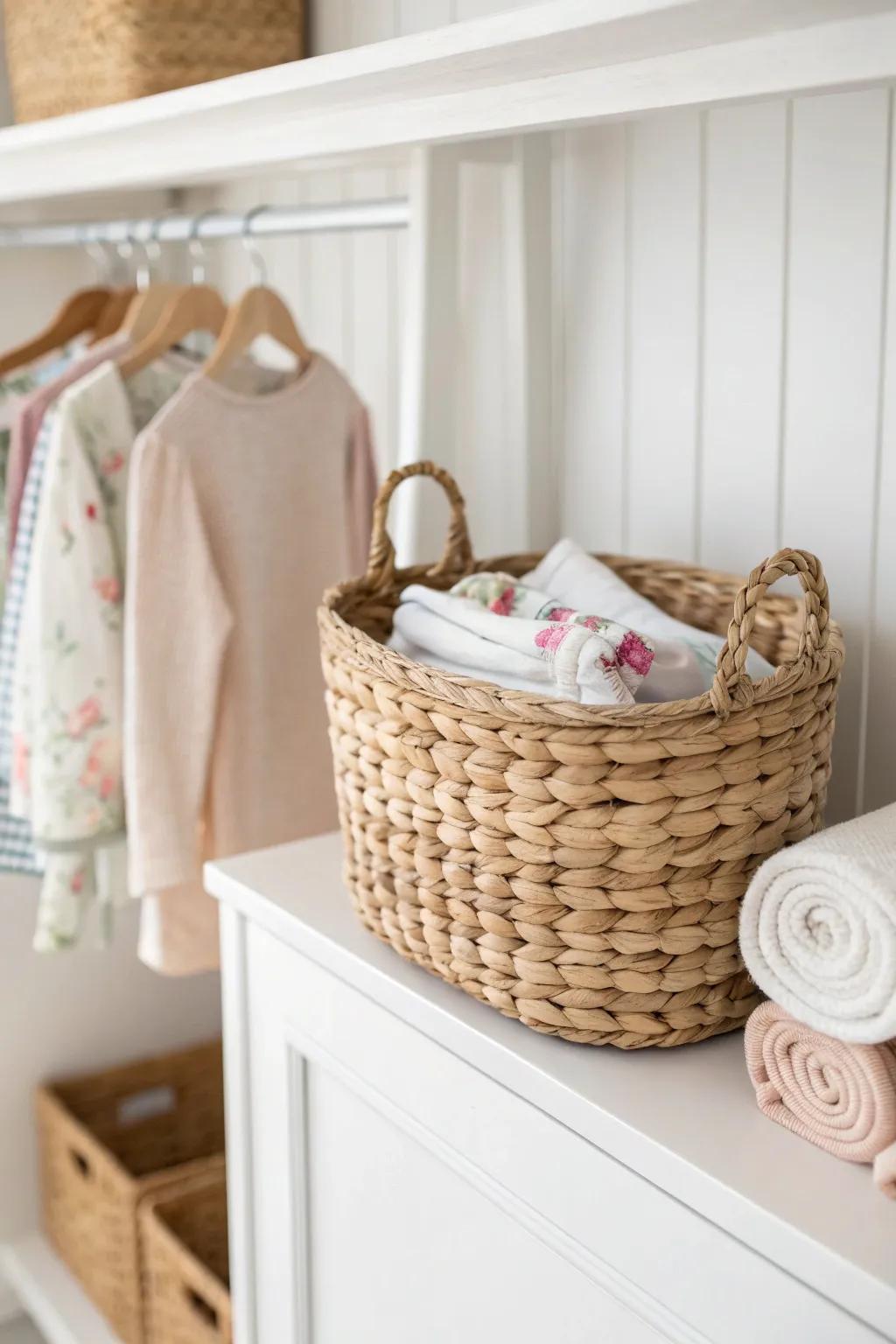 Use under-shelf baskets to turn wasted closet gaps into storage for leotards and leggings.