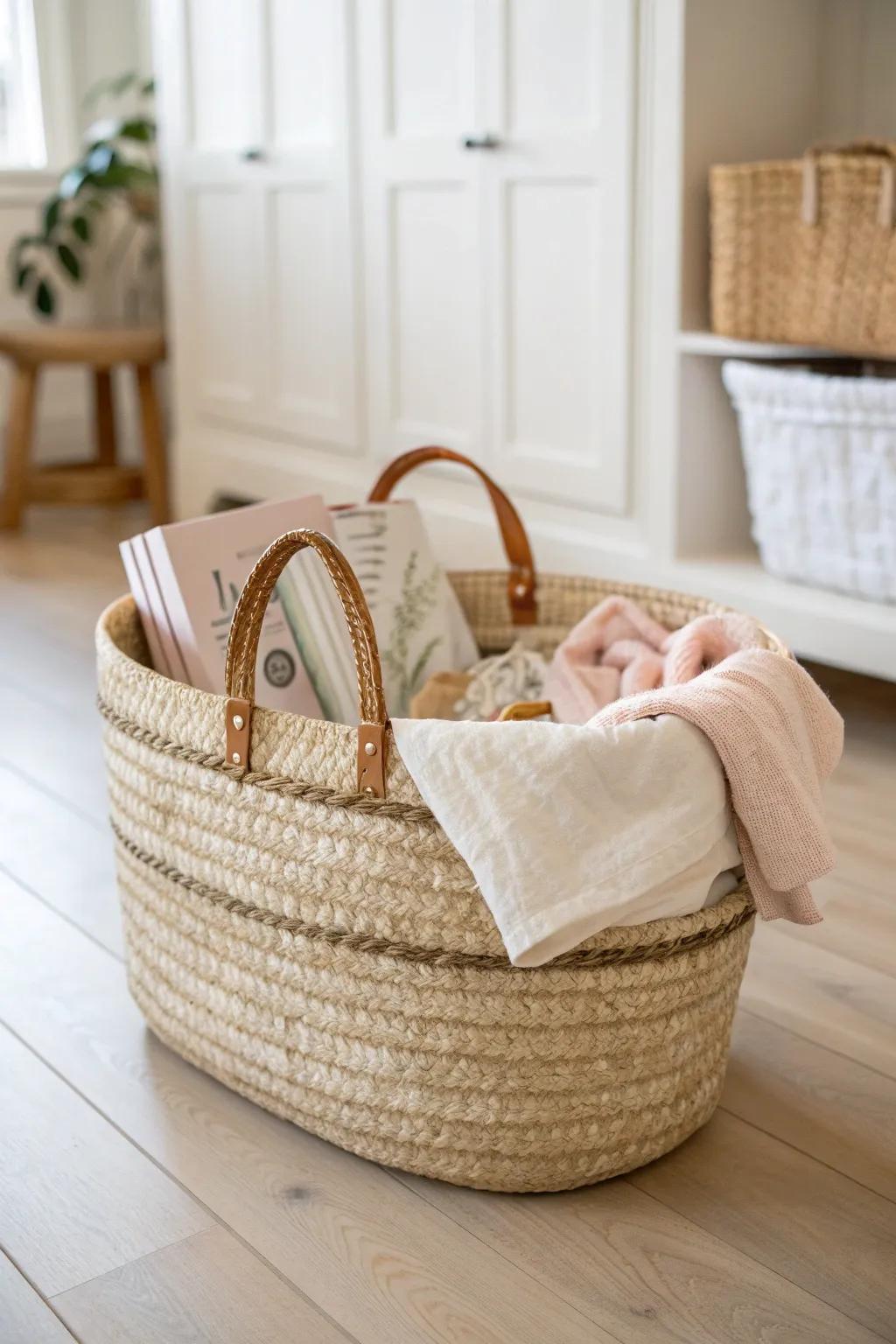 A pretty catch-all basket makes “clean floor night” resets fast—sort it properly tomorrow.