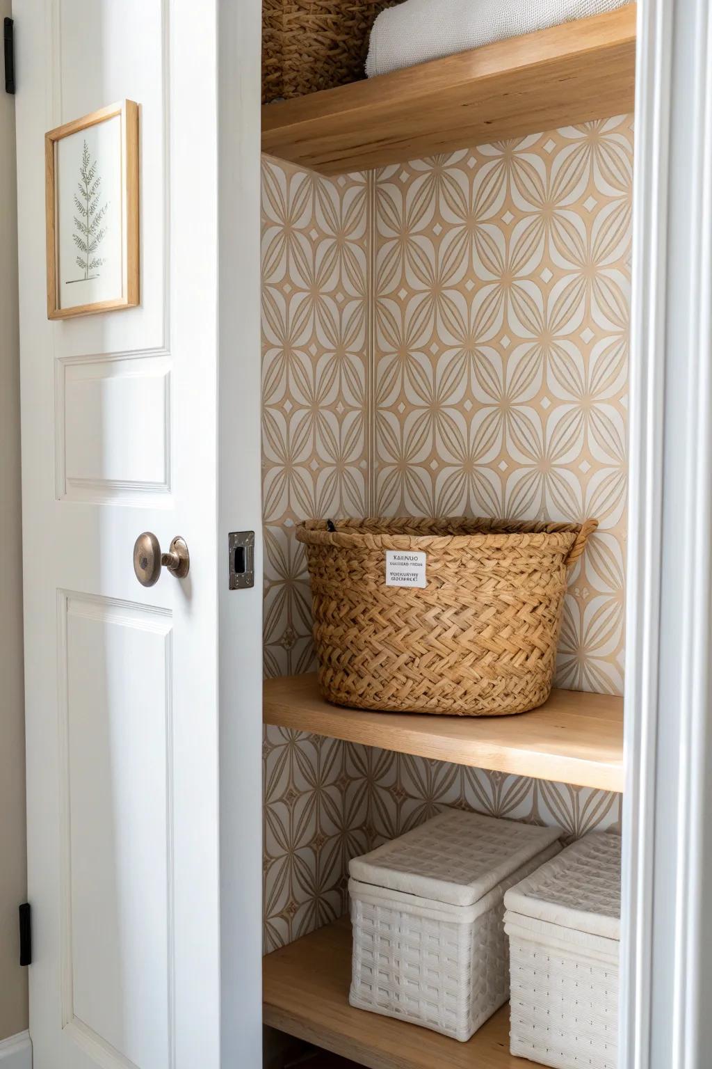 Peel-and-stick wallpaper turns a kitchen closet back wall into a styled, tidy moment.