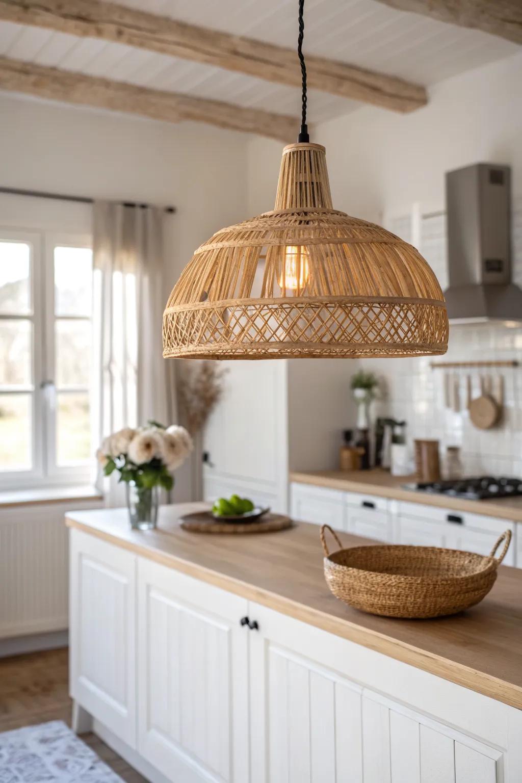 A woven pendant light turns the kitchen half wall into a cozy, defined hangout spot.
