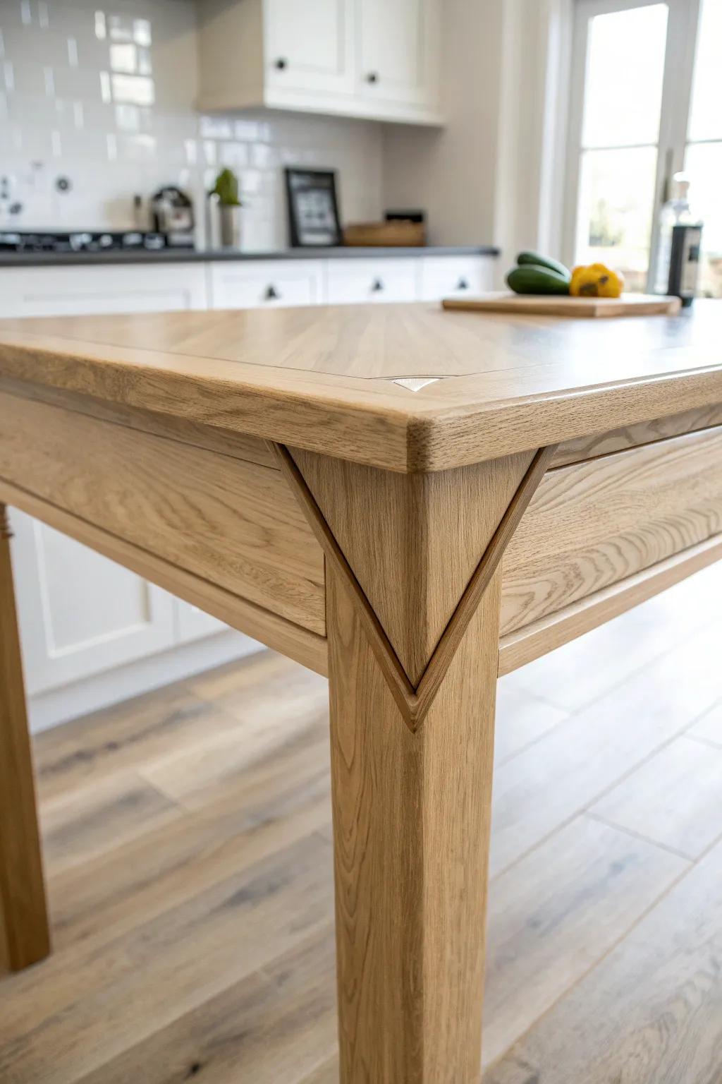 Diagonal island table attachment that saves corner space and keeps walkways open in tiny kitchens.