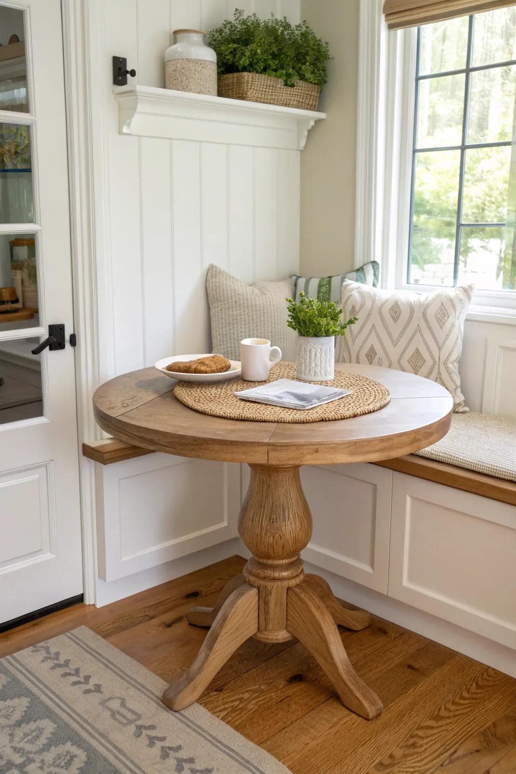 Secret pantry alcove breakfast nook—one tiny oak table that turns a recess into a cozy booth.