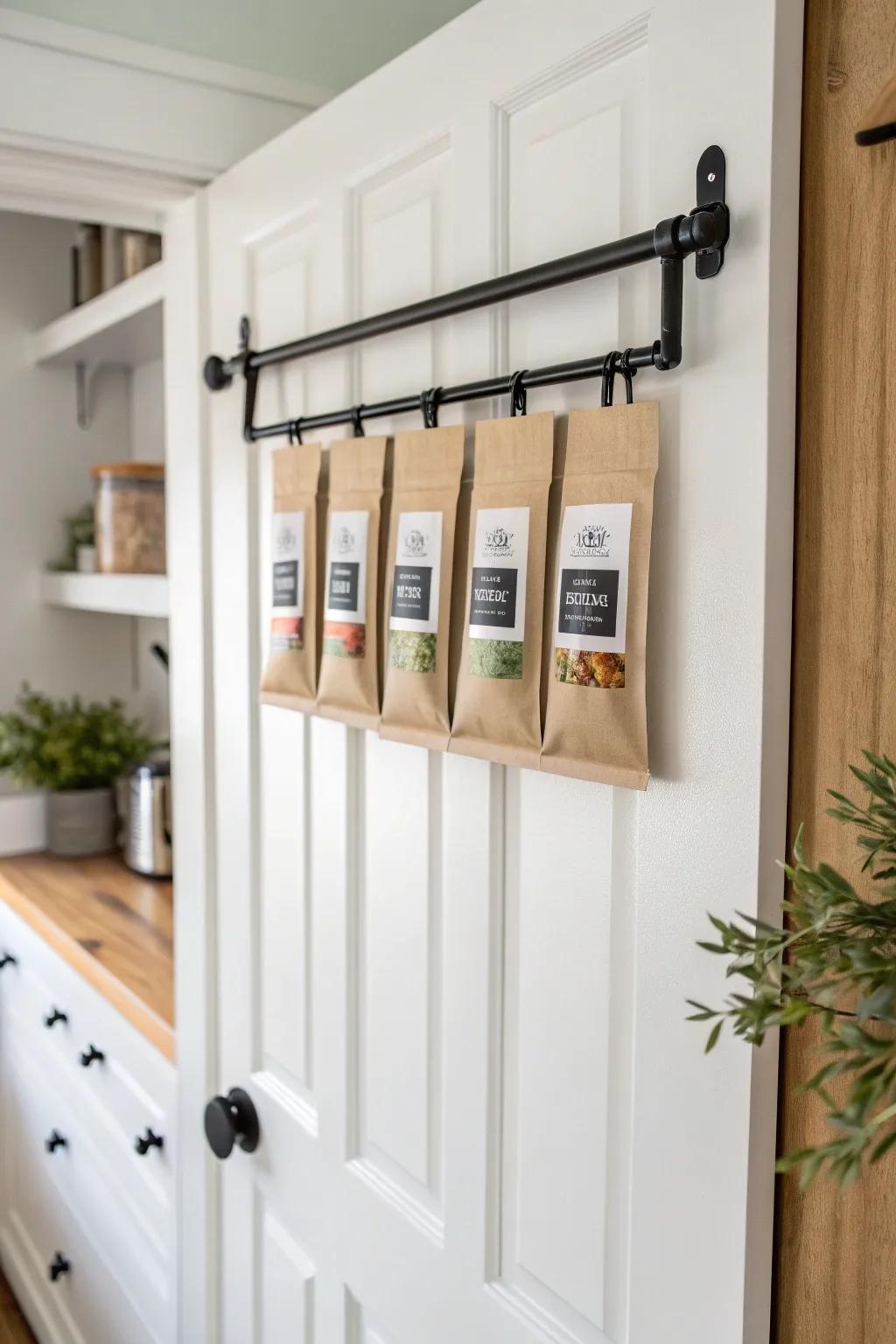 Clip rail magic: hang packets and pouches vertically for a tidy, visible pantry in small spaces.
