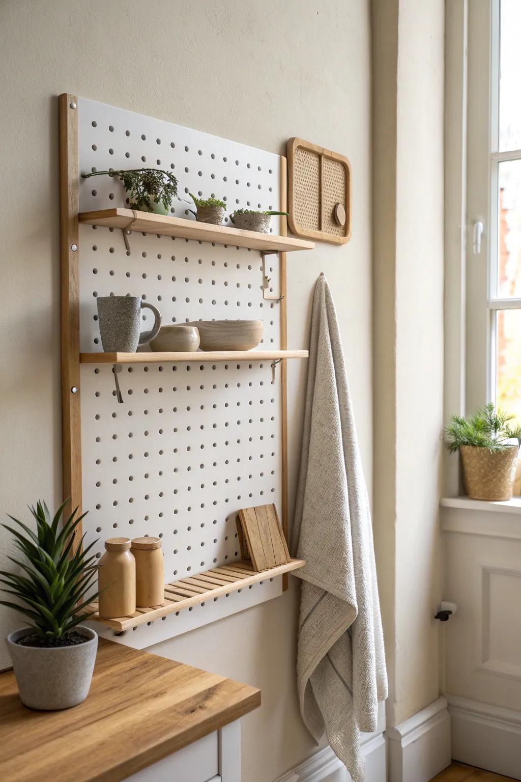A fold-down pegboard that flips into a slim shelf—perfect vertical storage for tiny kitchens.