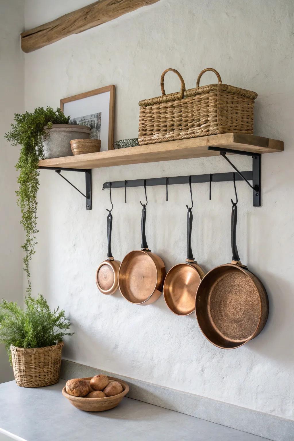 Minimal wall shelf pot rack: pans below, woven baskets above—smart storage for small kitchens.