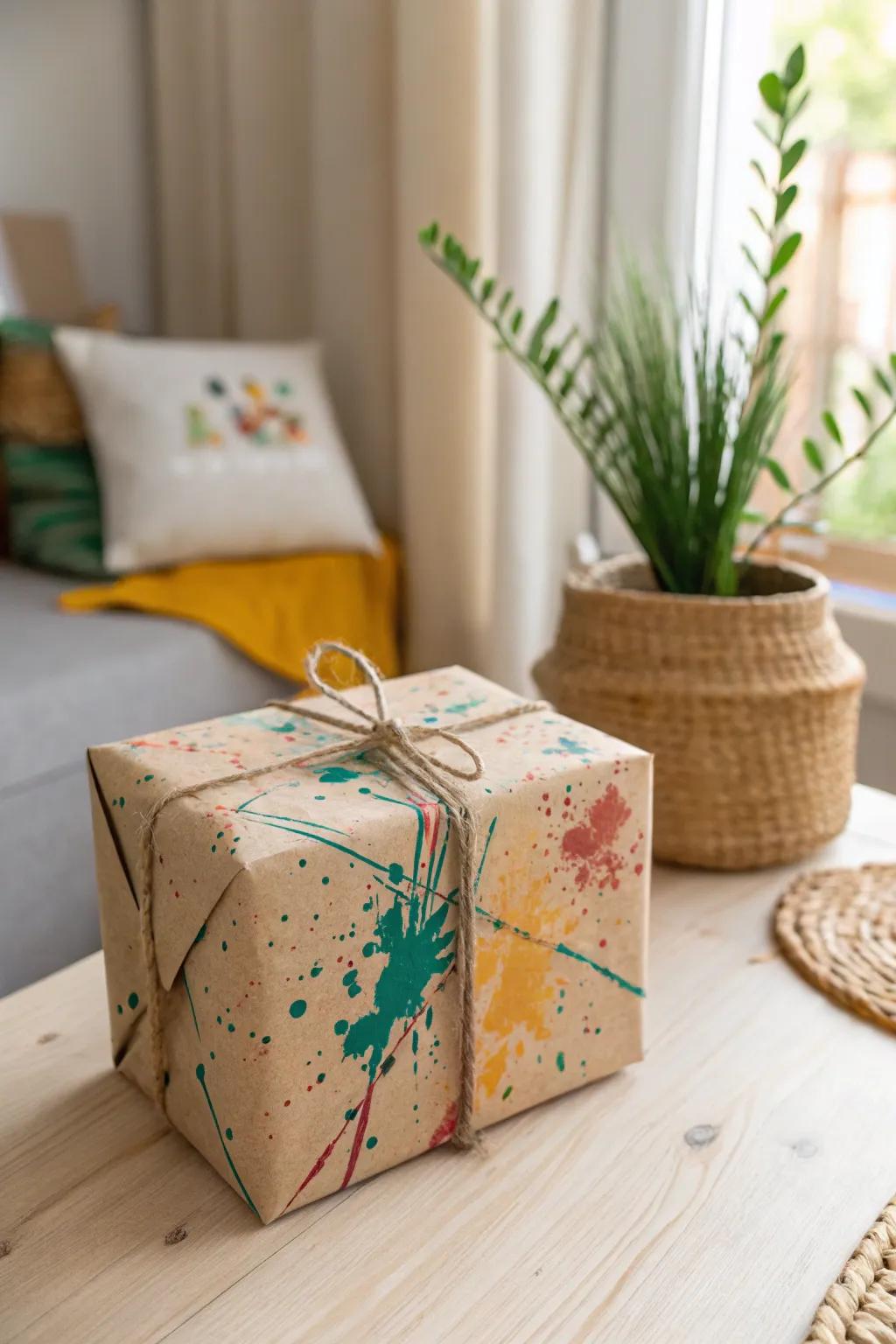 Unleash your creativity with splatter-painted kraft paper for a bold, artistic gift wrap!