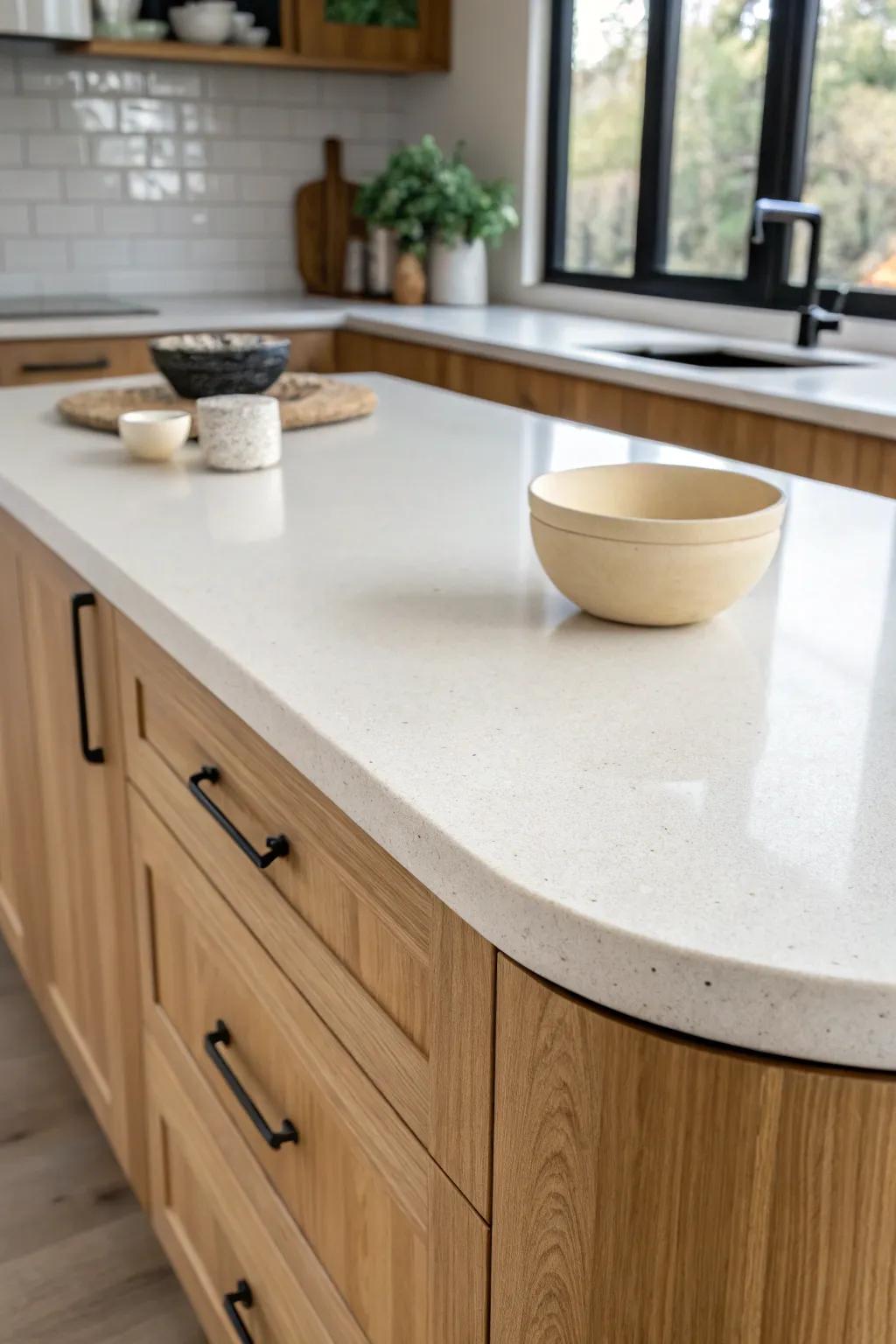 A curved corner counter softens an L-shaped kitchen and creates a chic drop zone for groceries.