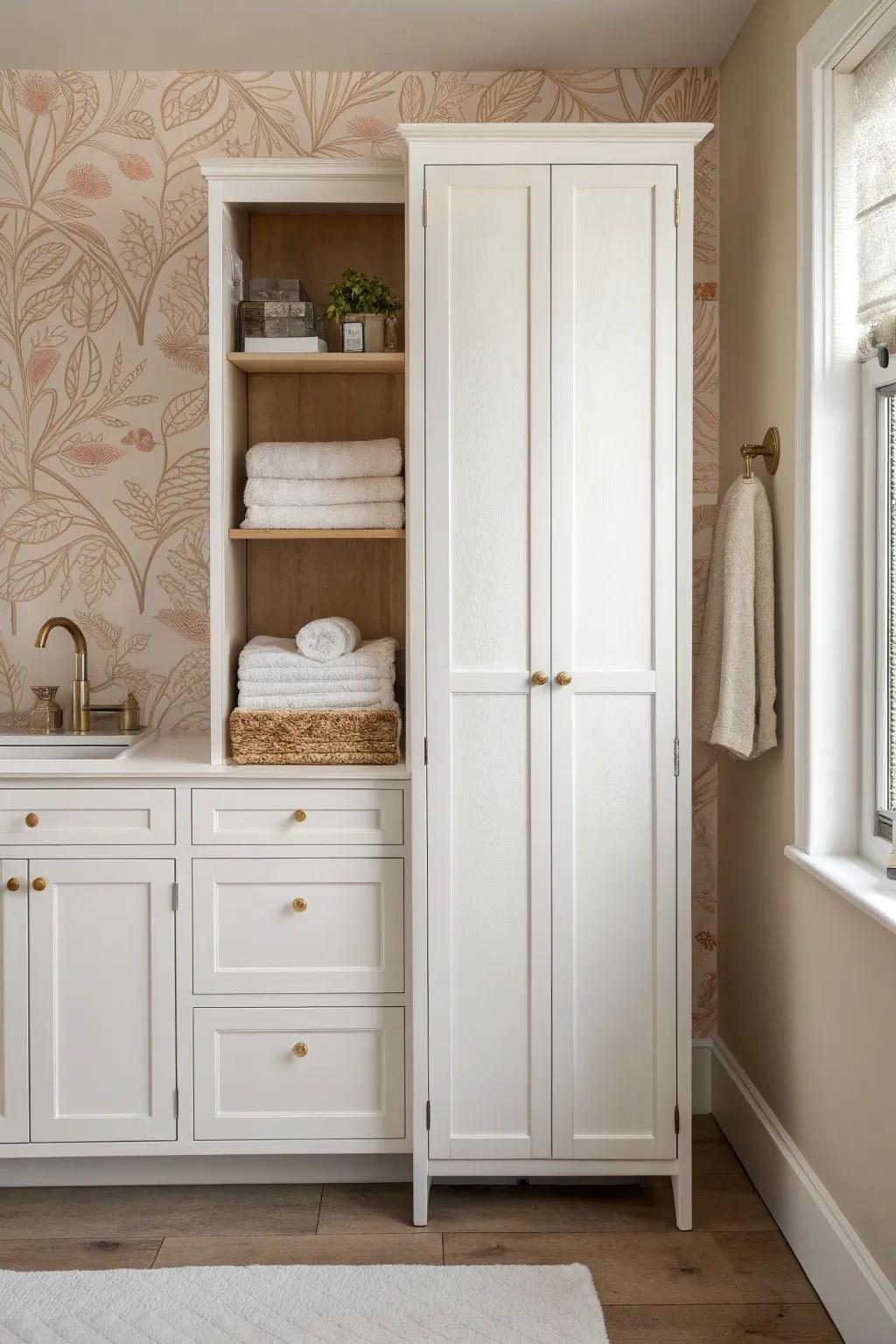 Instant laundry nook glow-up: wallpapered cabinet backing for a chic, budget-friendly wow.