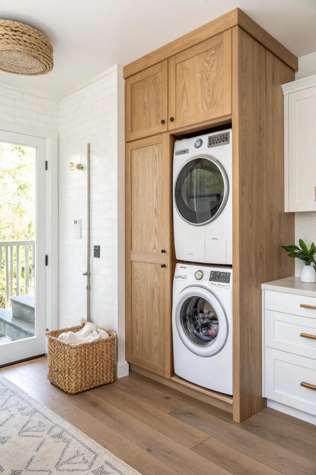 Stacked washer-dryer disguised as kitchen cabinetry for a seamless, polished small-space look.
