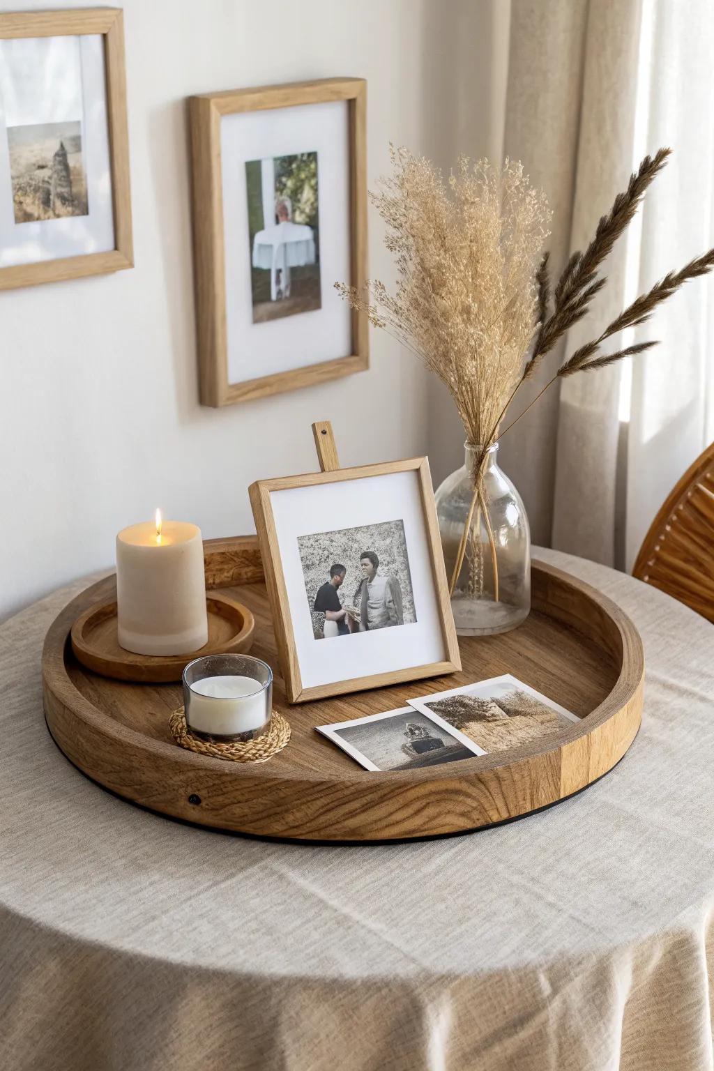 A lazy susan turned into a rotating mini gallery—frames, vase, and candle in calm boho style.