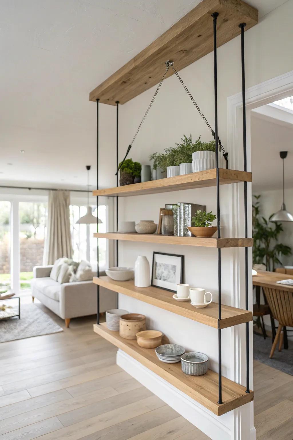 Floating ceiling shelves create a light, see-through divider between living and dining.