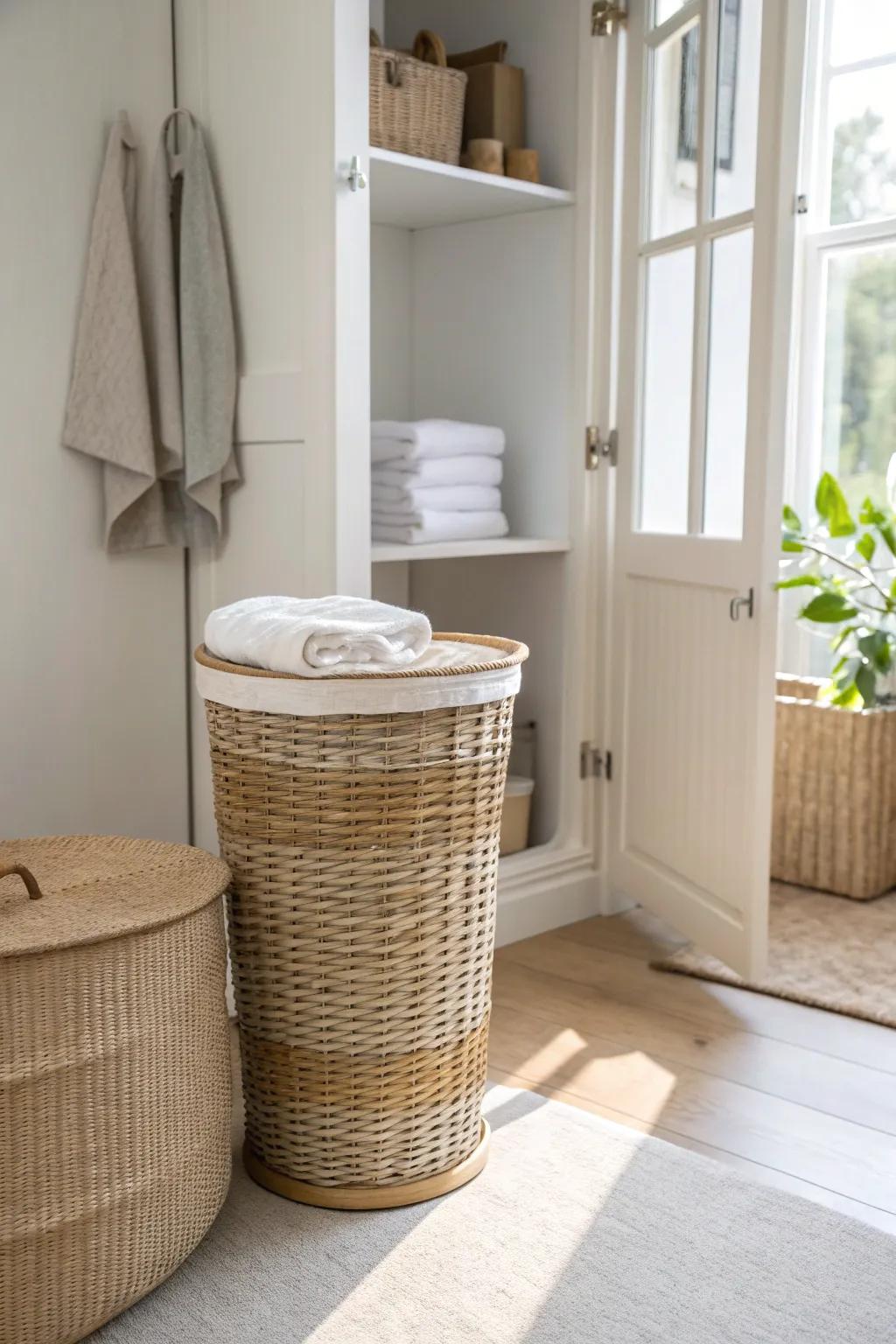 A slim woven hamper + fold-down shelf turns a closet corner into a chic hidden laundry station.