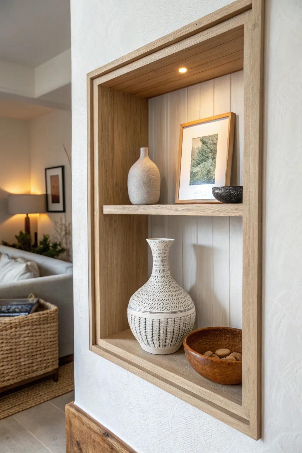 A tiny shadowbox niche styled like a rotating mini gallery—calm, curated, and conversation-ready.